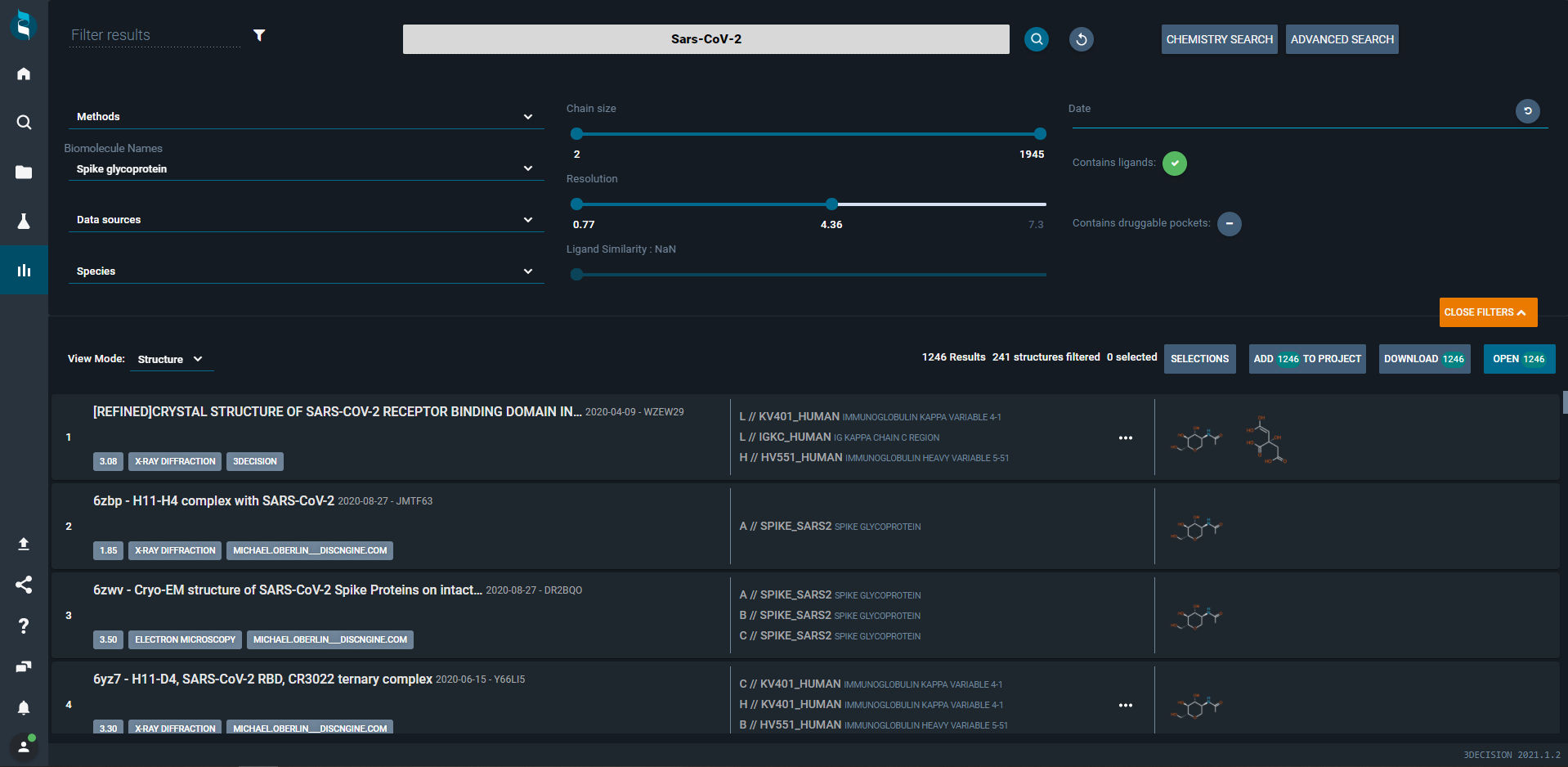 The advanced search feature in 3decision showing filtered structures of Spike protein of SARS-CoV-2