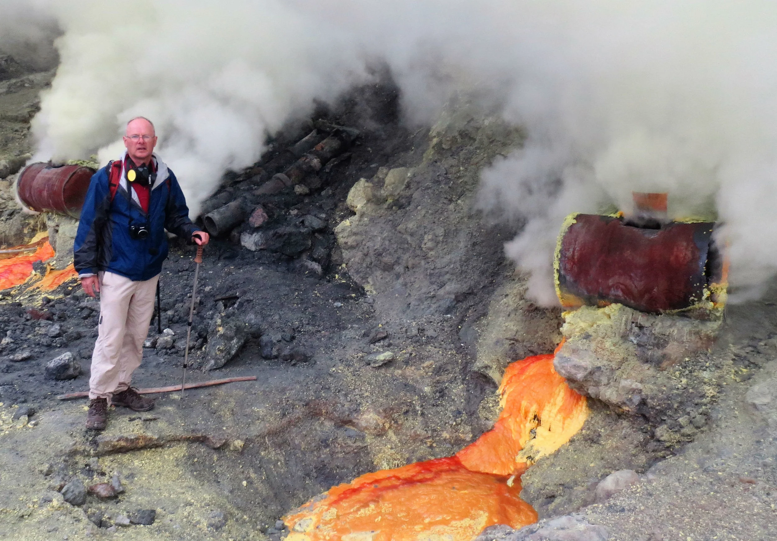 Sulphur mining inside crater - molten sulphur