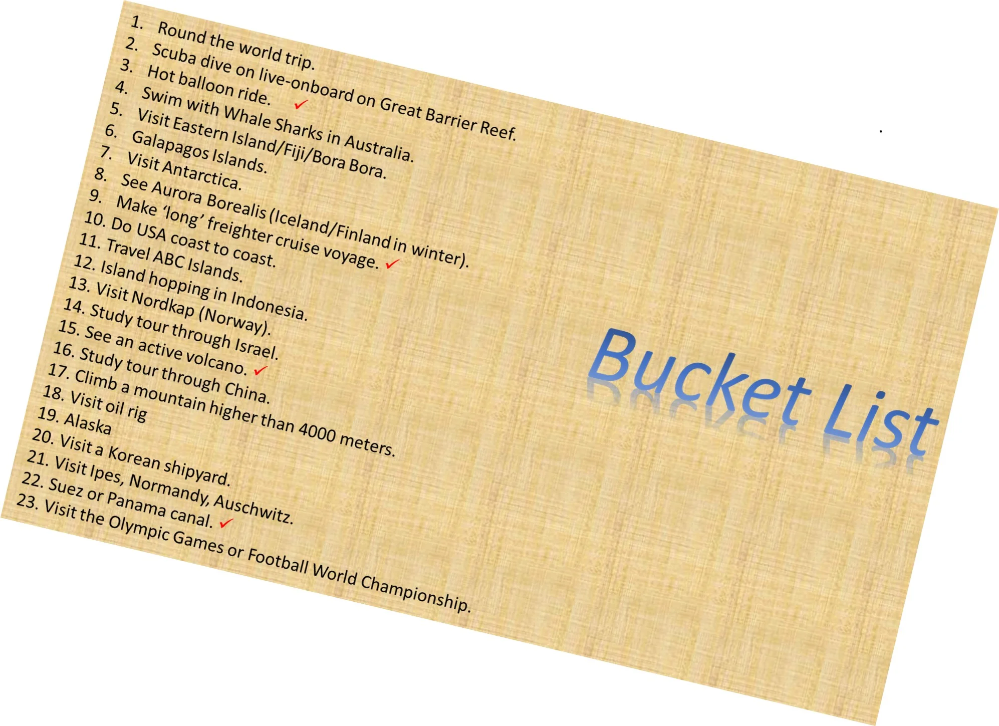 The bucket list: - Our wish list of things we still want to do.