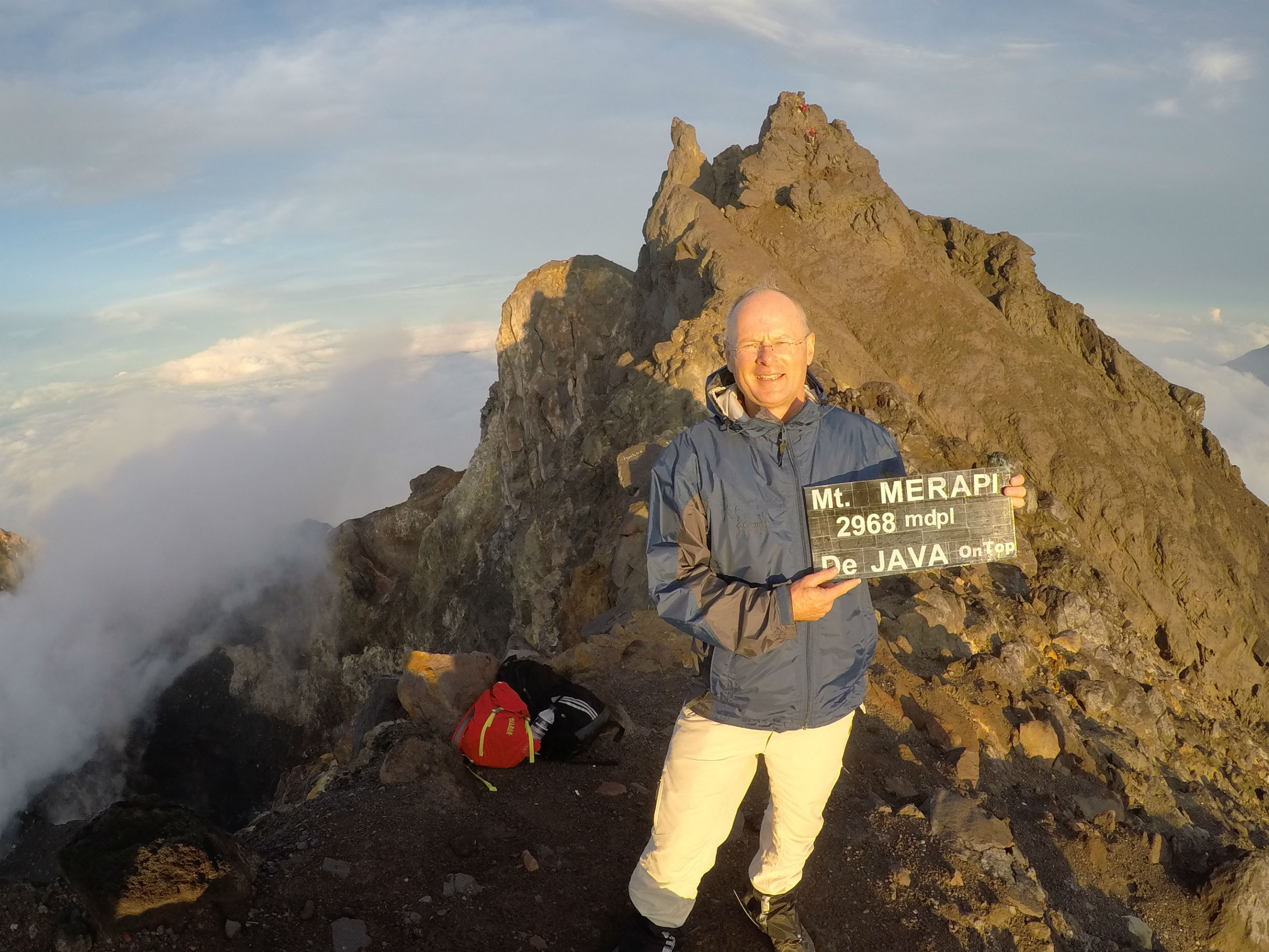 Frank reaching the summit of the Merapi volcano in central Java, Indonesia