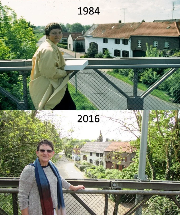 So much the same, so much different: Francien in front of her parents house in 1984 and 2016