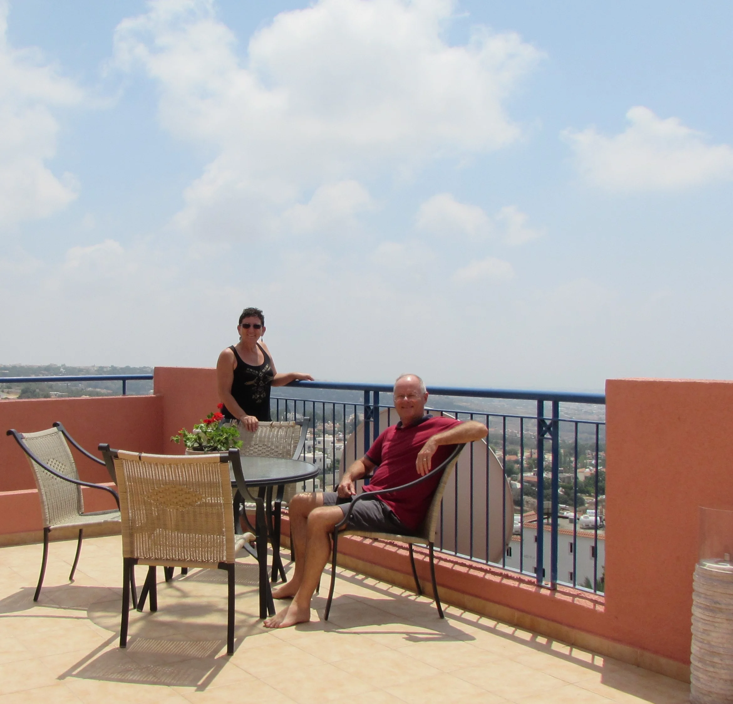On our terrace with view across the Mediterranean Sea. The distance to coast is 2000 meters as the crow flies.