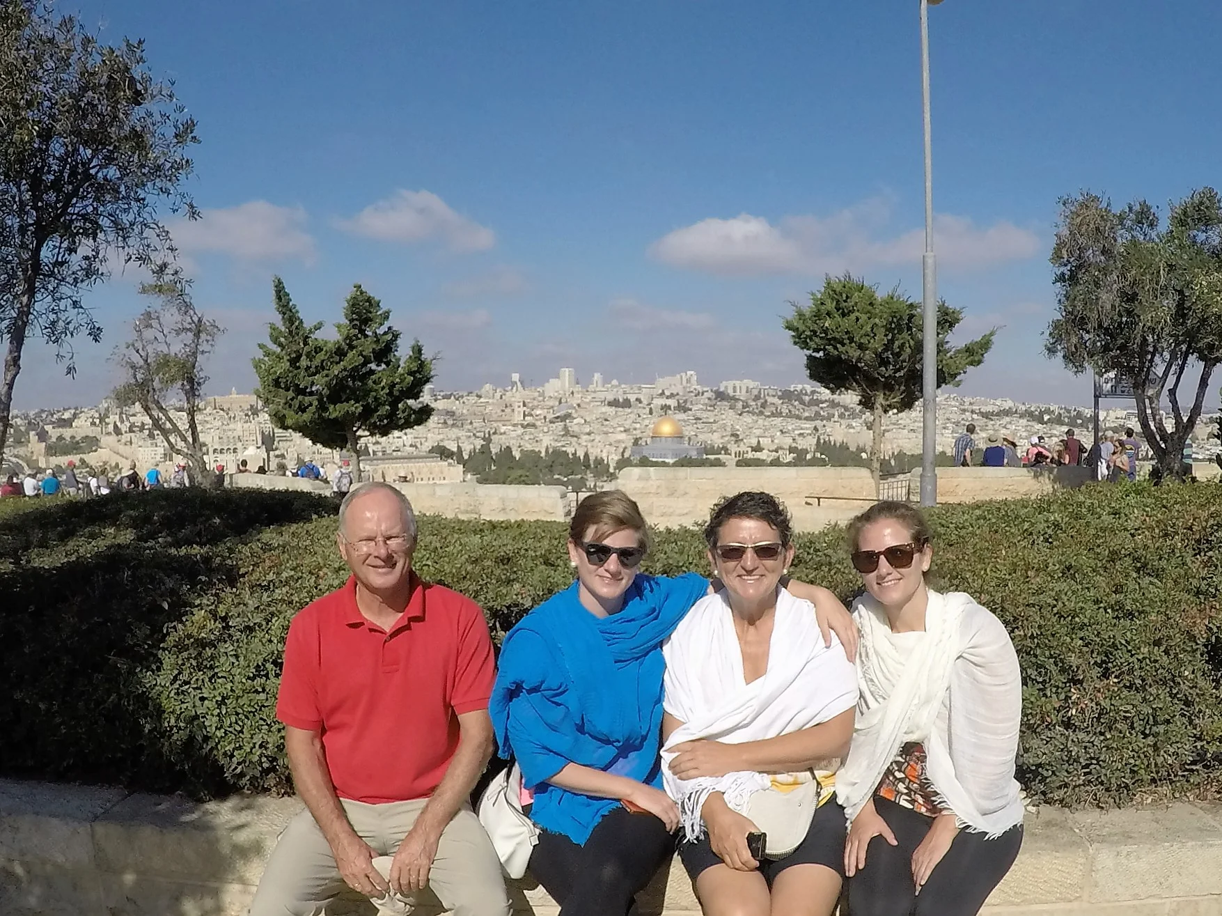 Francien, Frank, Marcella and Winnie on Mount of Olives with the Temple Mount in the background.