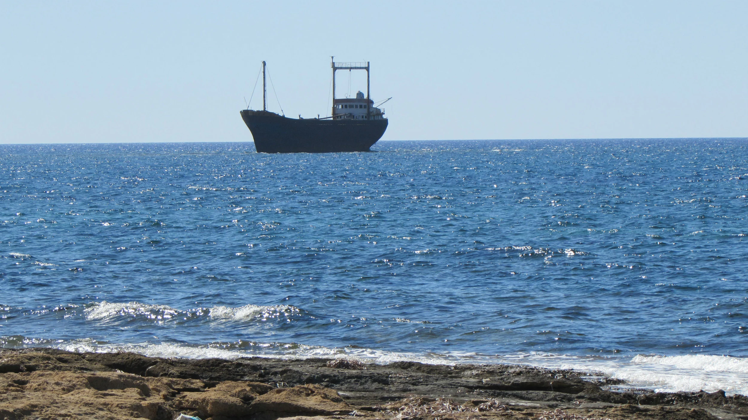 Shipwreck MV Demetrios II, landmark of the Paphos coast. Was the captain drunk when his ship hit the reef?