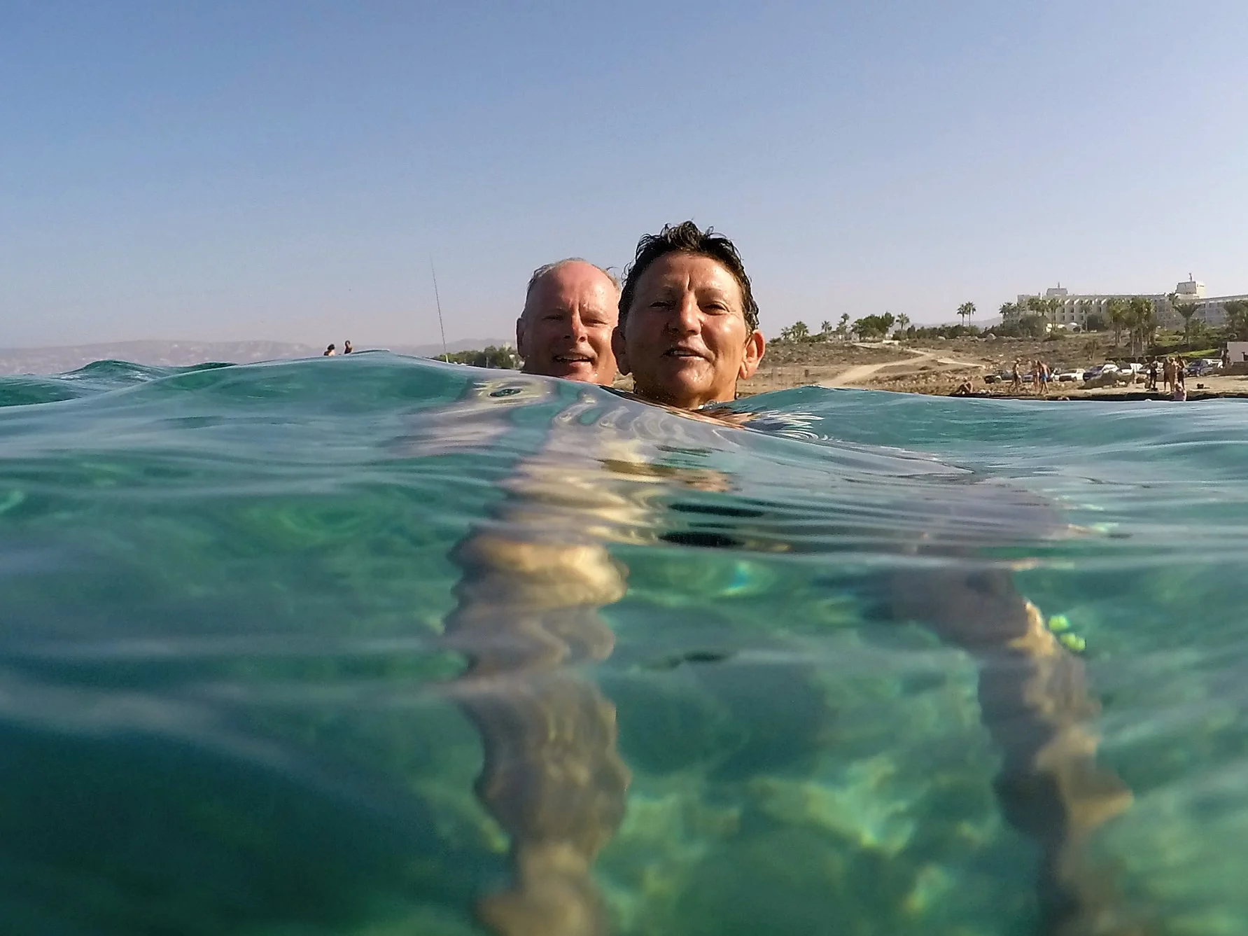 Swimming at St. George beach. This is a protected cove with crystal clear water
