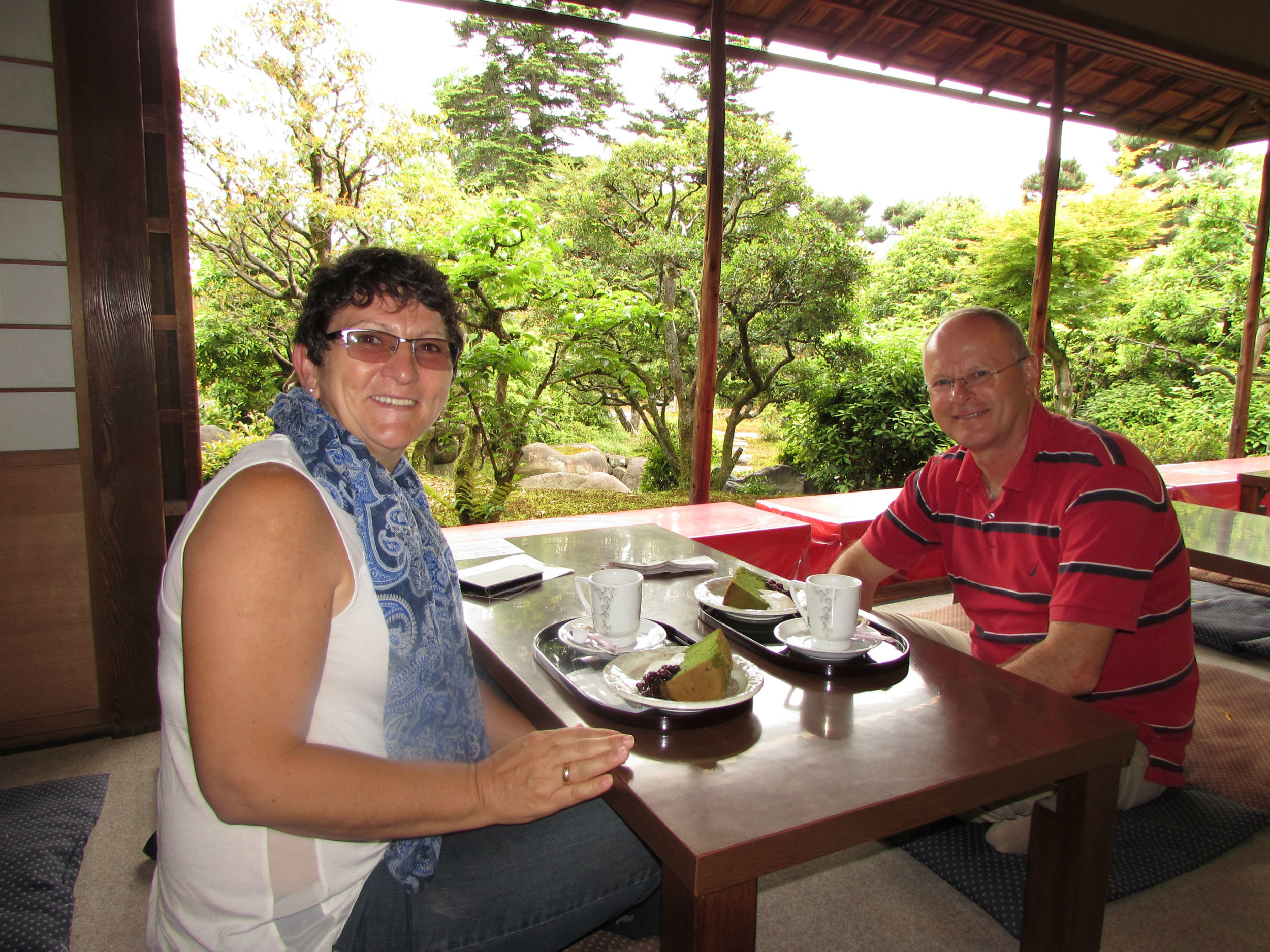 Enjoying Matcha cake in tea house in Kyoto