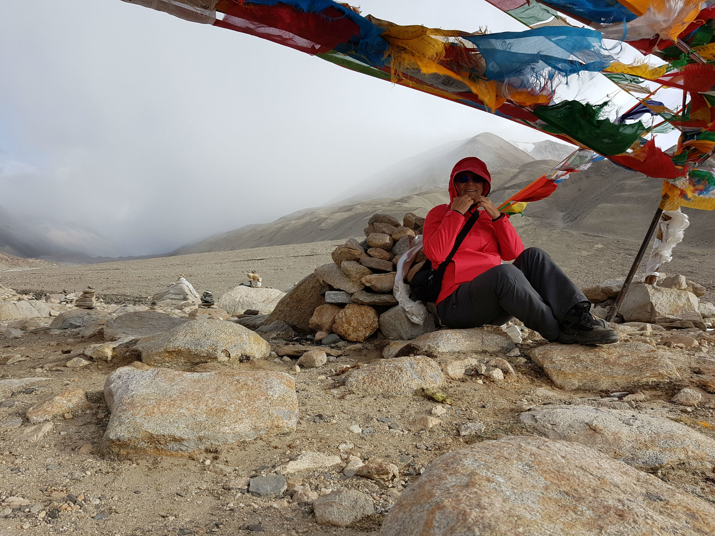 Sheltering against the wind at Base Camp