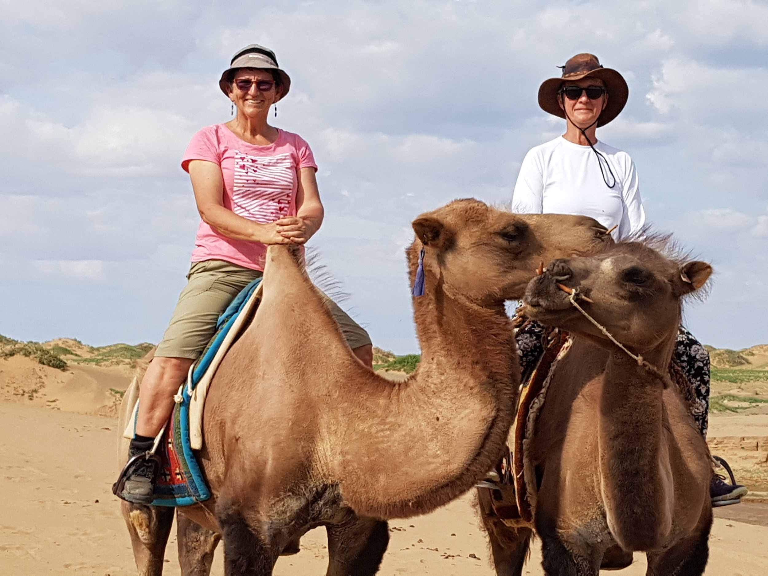 Pamela and Francien riding on Bactrian camels