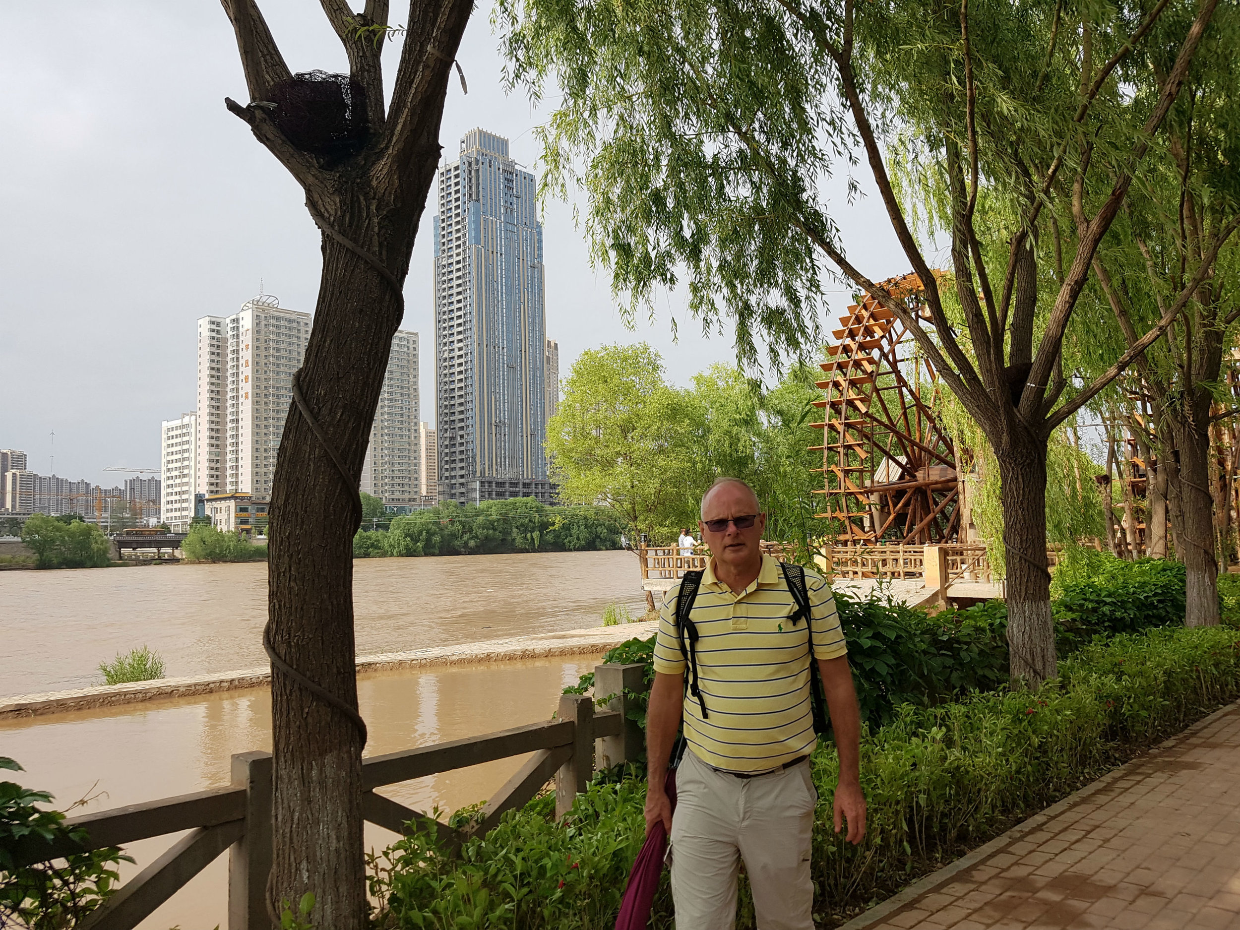 Yellow River in Lanzhou - note ancient water wheel