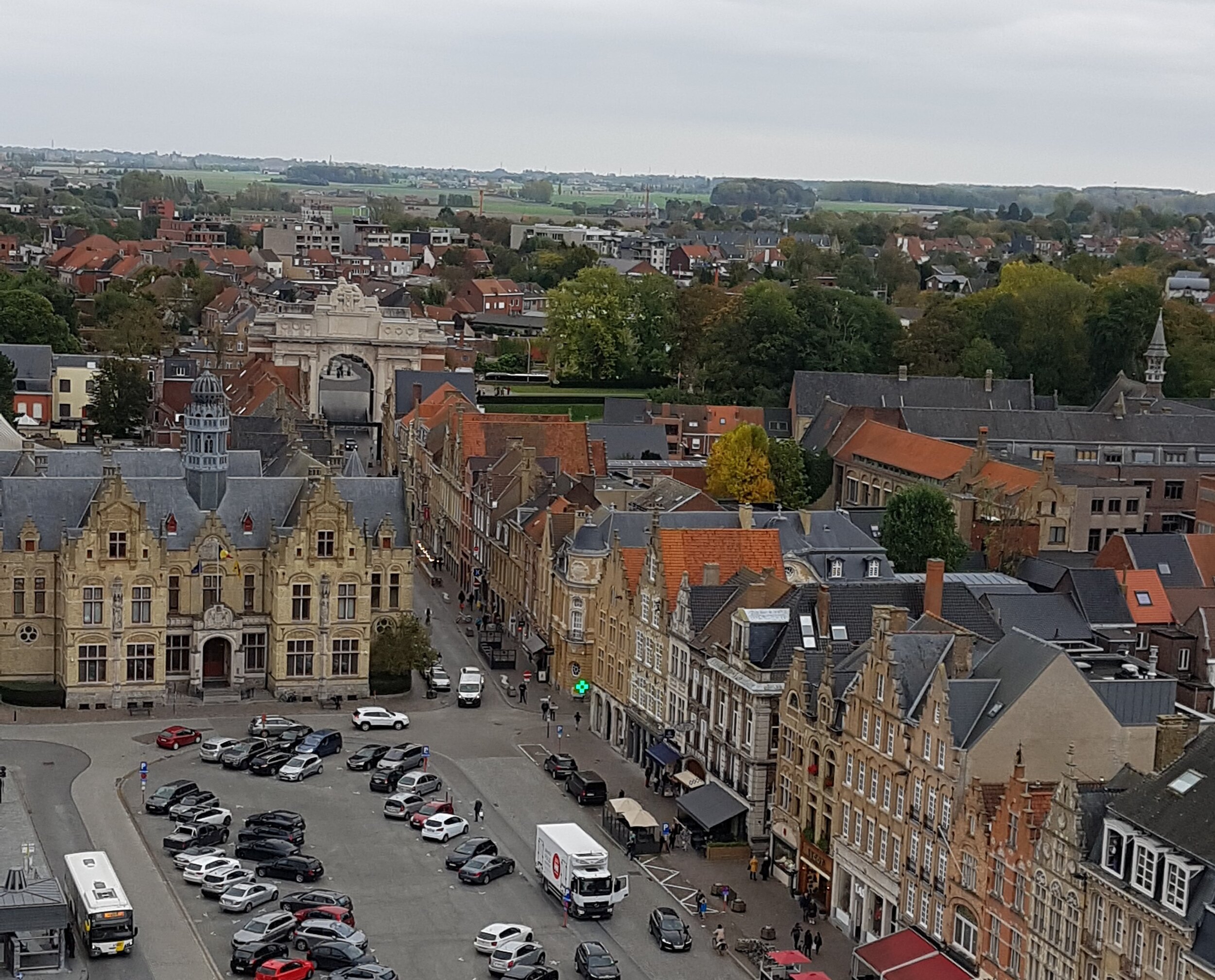 The old square in Ypres with Menin Gate in the distance