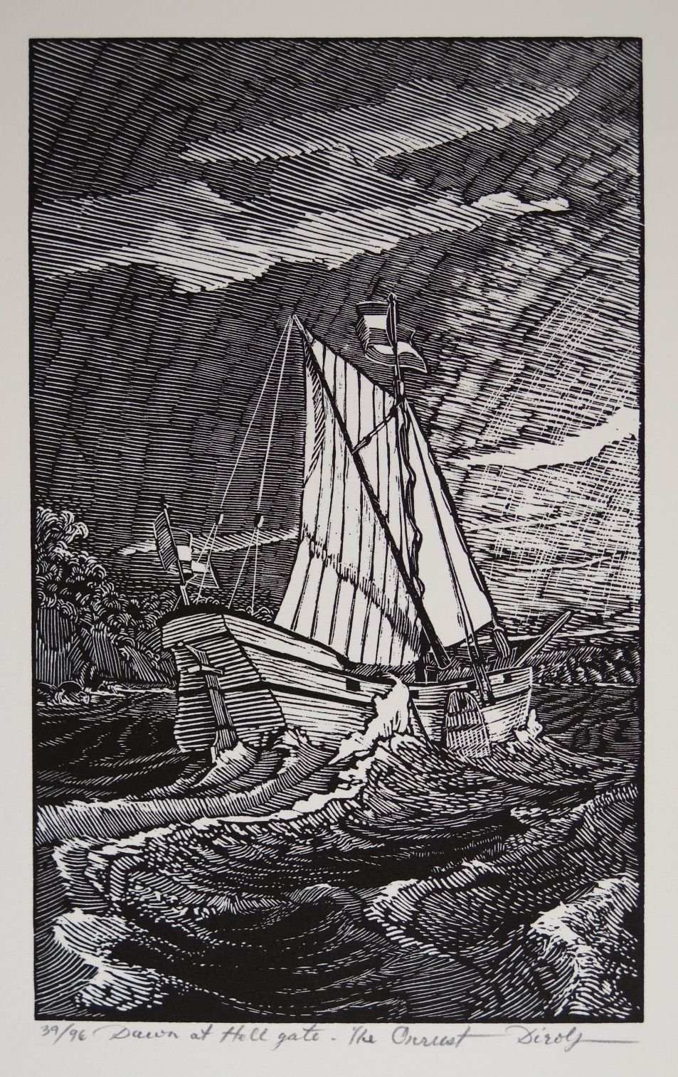 Dawn at Hell Gate- The Onrust (5" x 8" engraving)