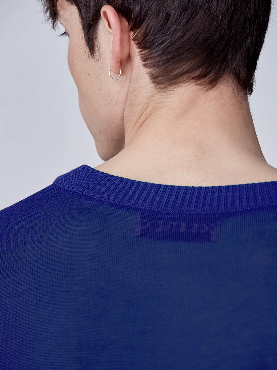 Blue knit jumper for man back detail