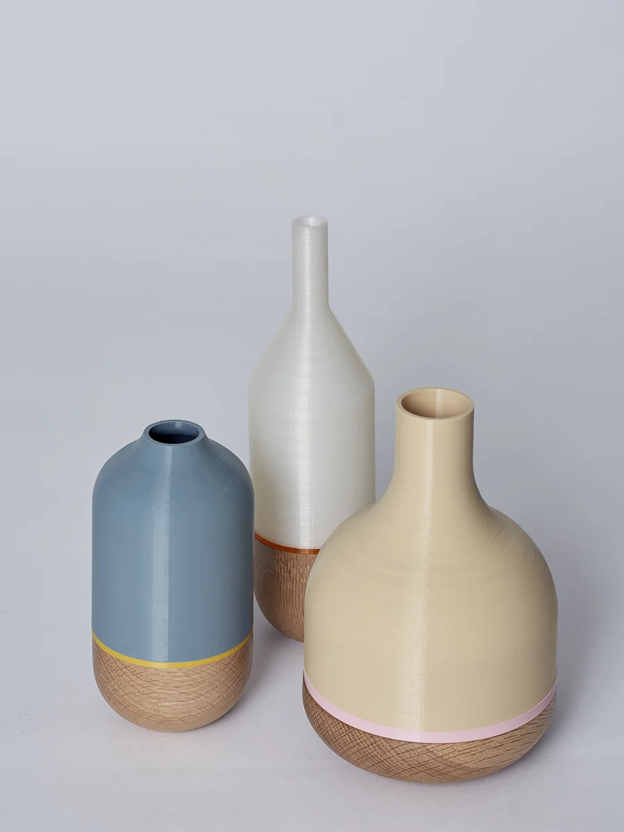 Set of 3D printed fiber and wood base vases 2