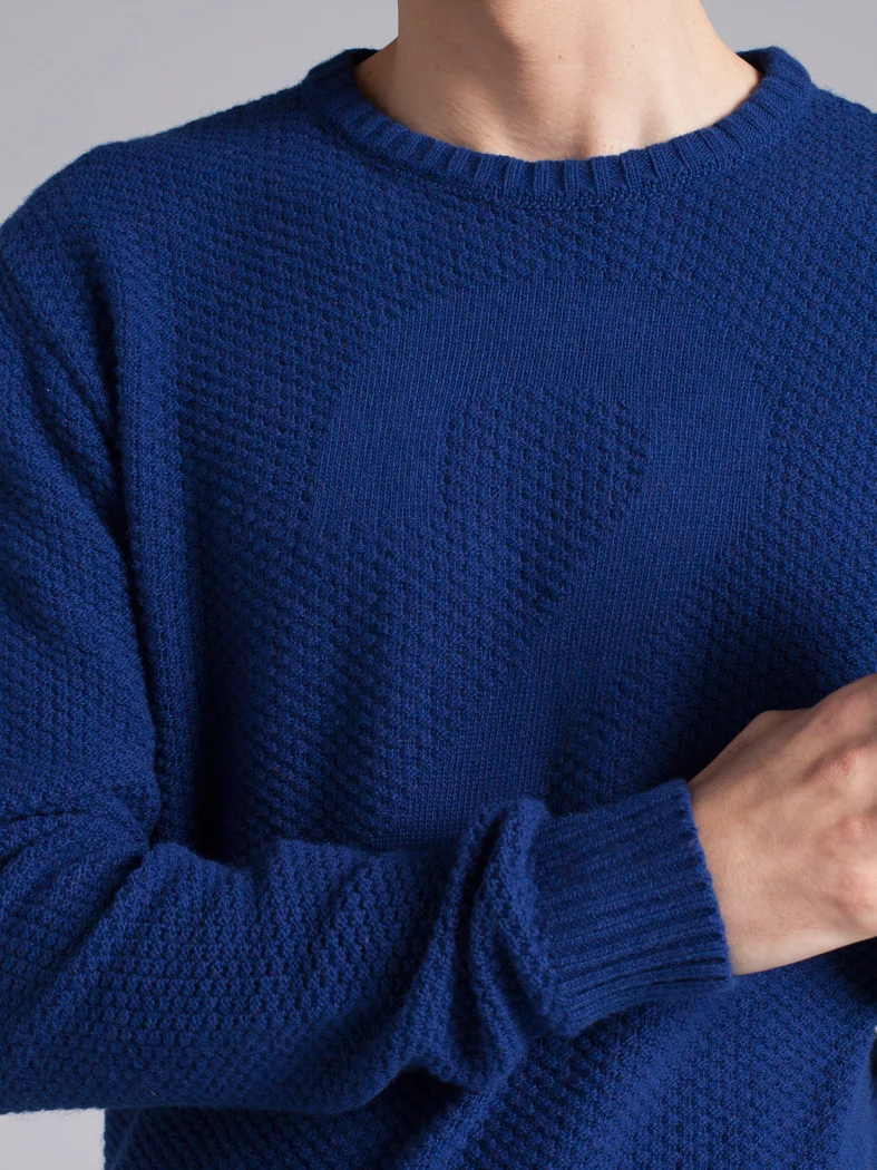 Blue long sleeve wool sweater for man cuff detail