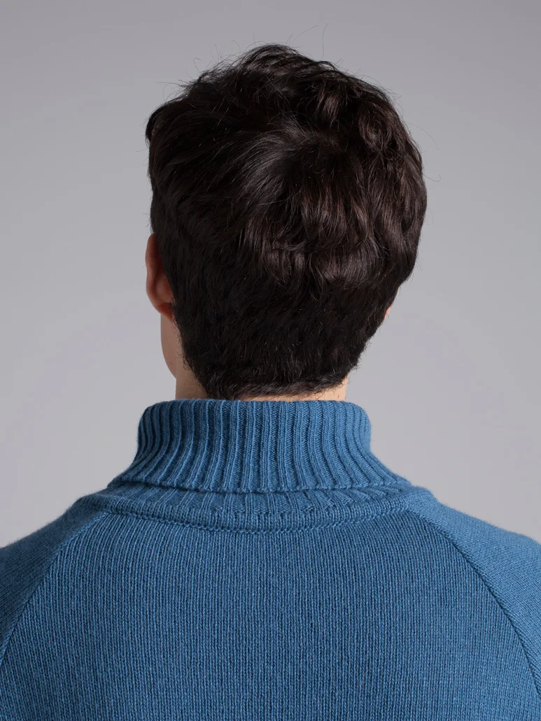 Turtleneck blue wool sweater for man back detail