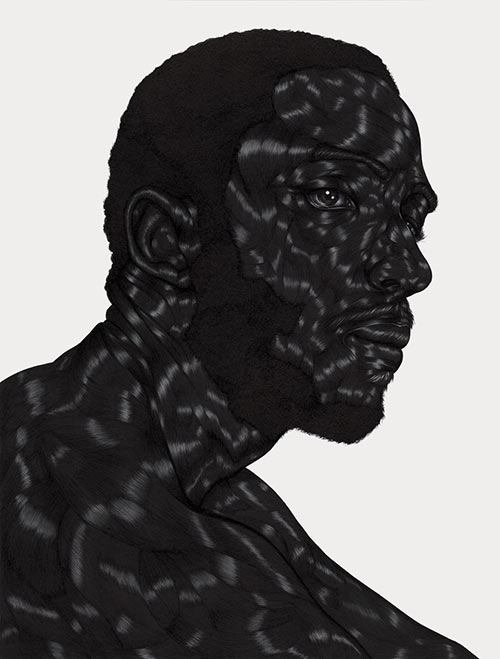 Toyin Ojih Odutola, Taken from Alphabet: A Selected Index of Anecdotes and Drawings, 2012. Above: Toyin Ojih Odutola, Pregnant , 2017.