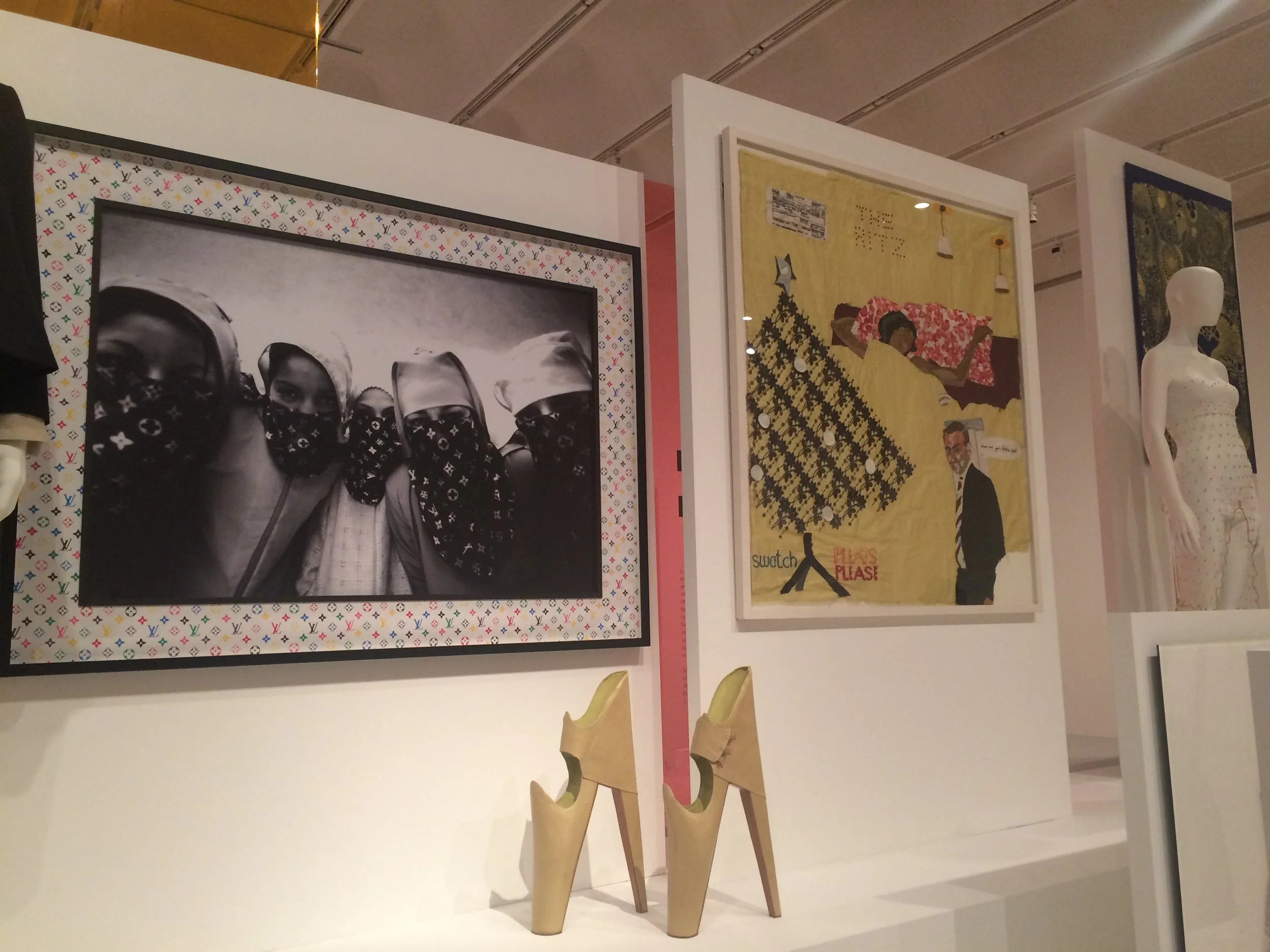 Hassan Hajjaj, L.V. Posses , 2010 (far left), Leanie van der Vyver, Scary Beautiful, 2012 (bottom), Billie Zangewa, Christmas at the Ritz , 2006 (right)