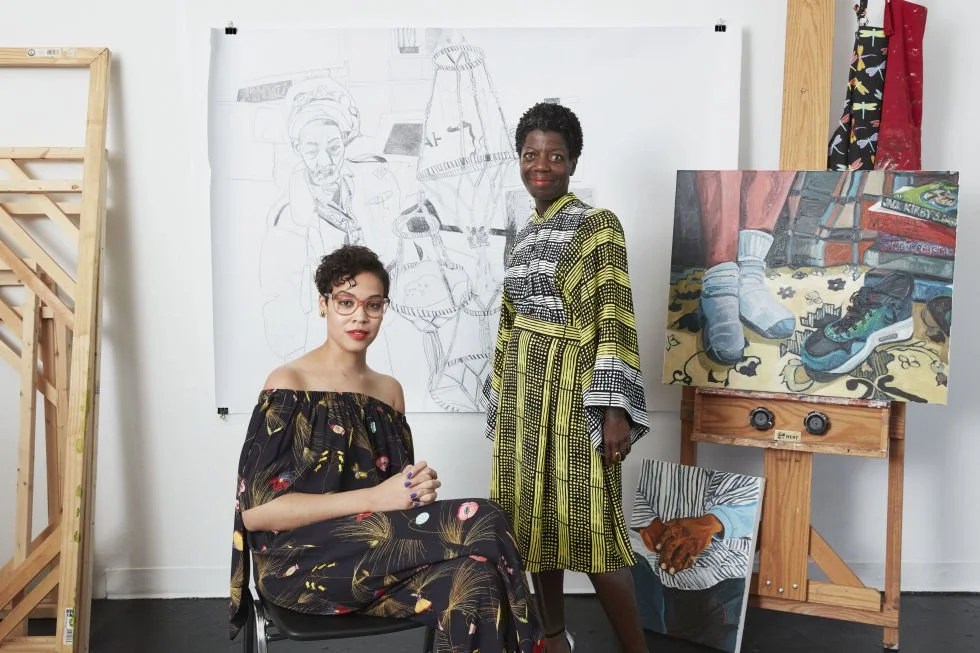 Artist Jordan Casteel (left) and Thelma Golden in Casteel's studio.