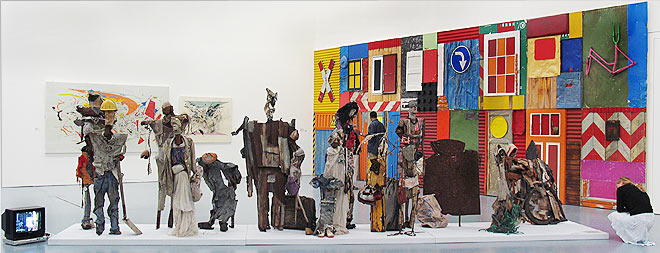 Dilomprizulike, Waiting for Bus , 2003 (center) and Antonio Ole, Townshipwall No 611, 2004 (right). Featured in Africa Remix at Museum Kunst Palast, Düsseldorf, 2004.