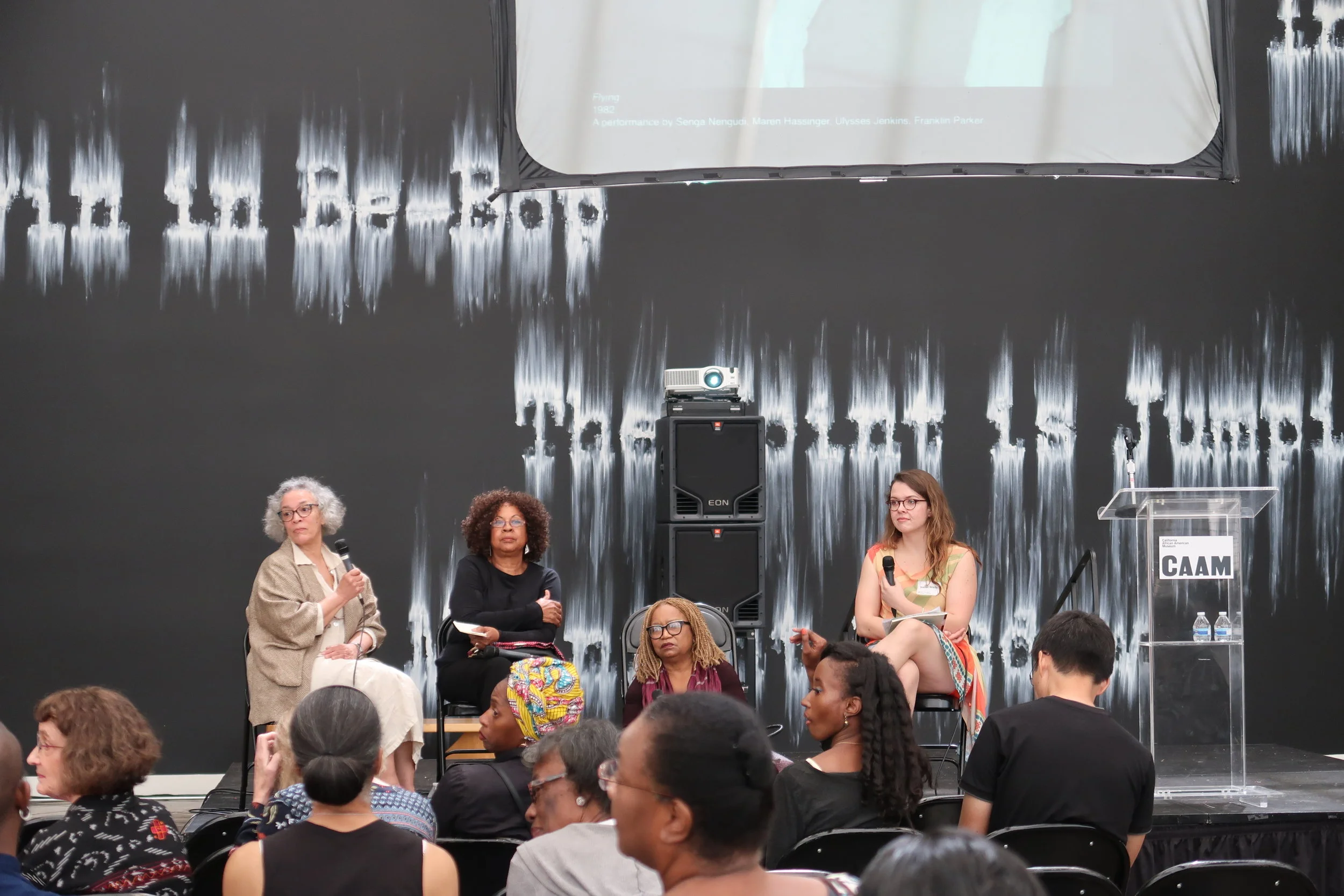 (from left to right) Maren Hassinger, Senga Nengudi, Barbara McCullough, and Isabel Wade at Conversation: 'Ritual in Rearview' panel discussion. A Day with Senga Nengudi Symposium at the California African American Museum in LA, April 14, 2018. 