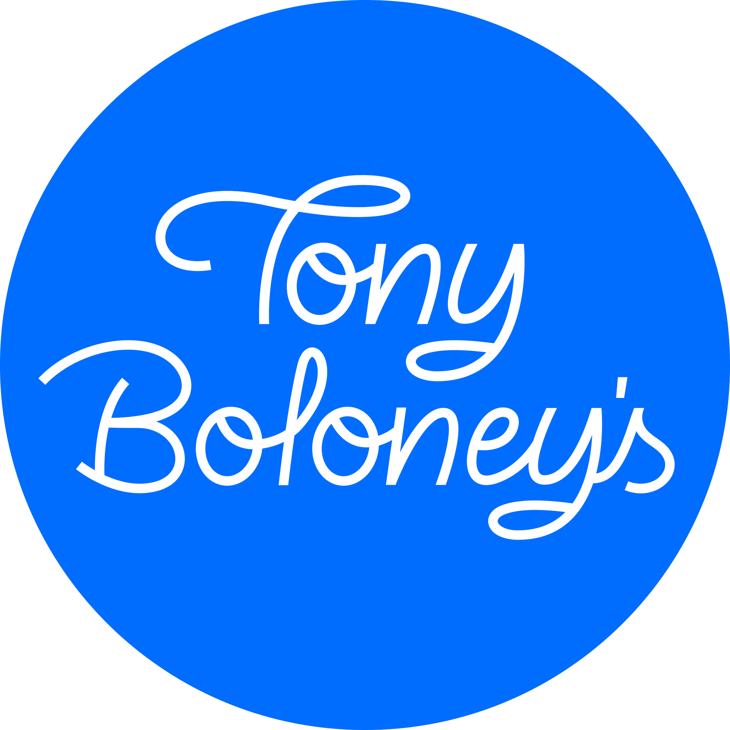 Close-up of a blue circular logo with white cursive text that says 'Ford'.