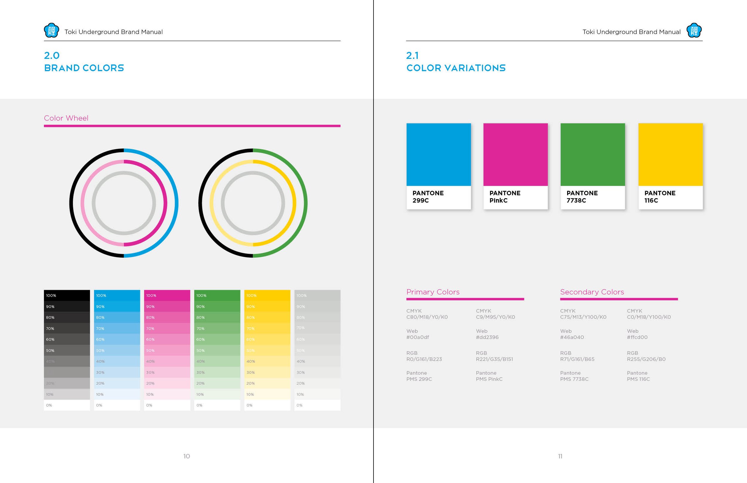 Open pages from a brand manual showing color identification charts and color codes with diagrams of primary and secondary colors and their various shades.
