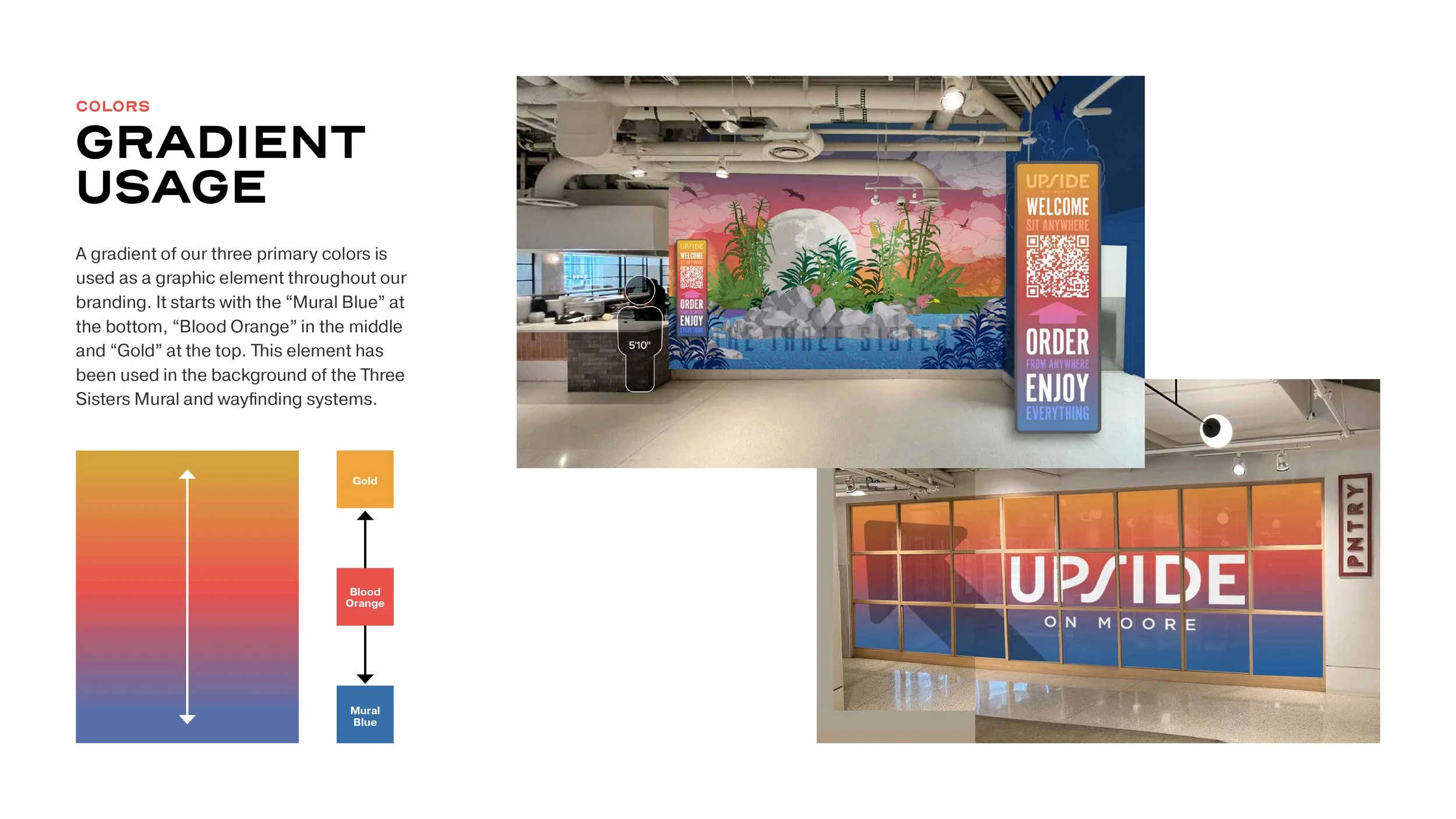 Interior view of a modern office space with a colorful mural on the wall depicting nature scene with plants, rocks, and a sunset, plus vertical signage with a QR code and motivational words."UPSIDE WELCOME SIT ANYWHERE ORDER FROM ANYWHERE ENJOY EVERYTHING."