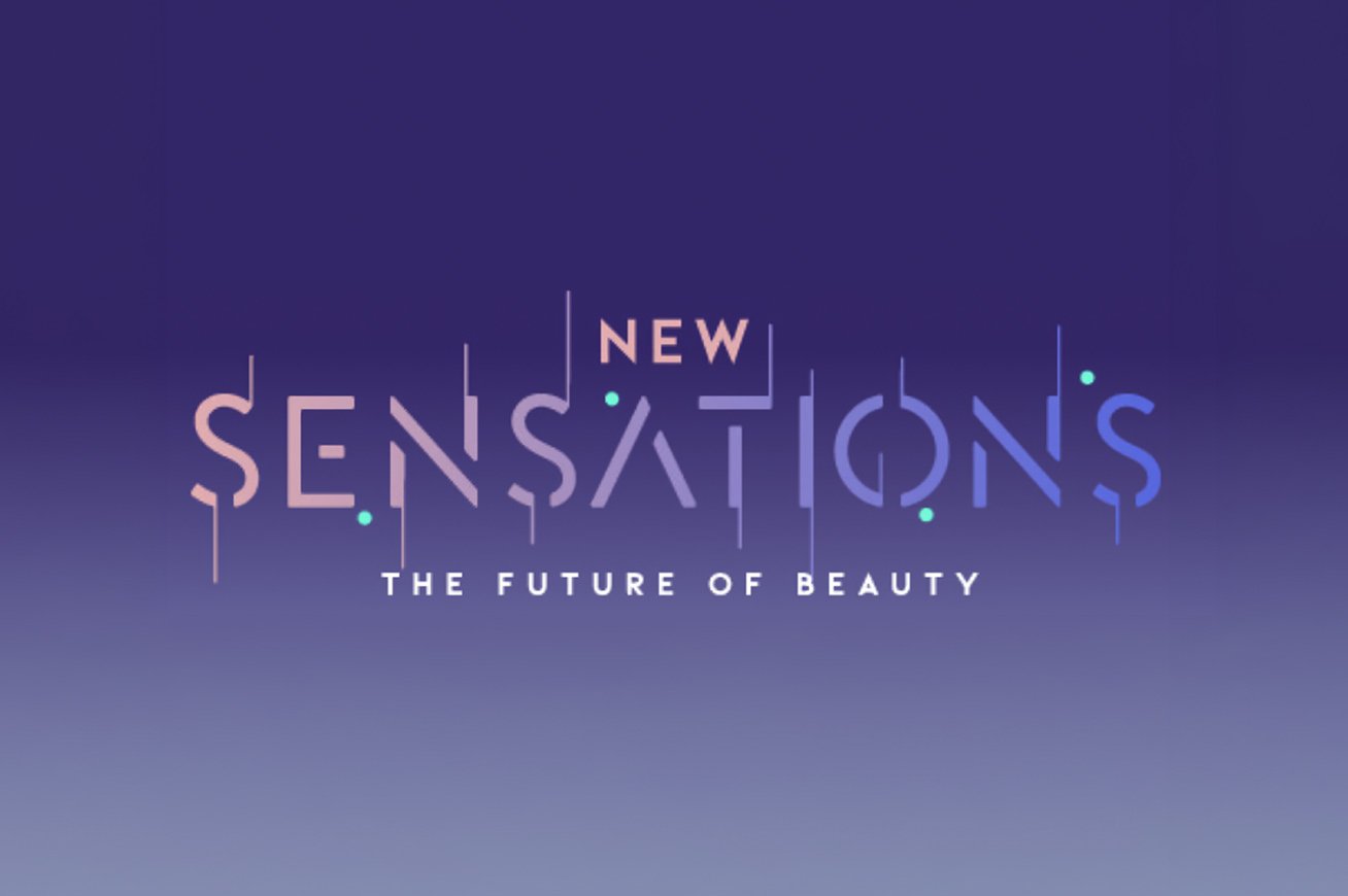 Promotional graphic for Sensations, the future of beauty, featuring a purple gradient background with stylized text and small teal dots.