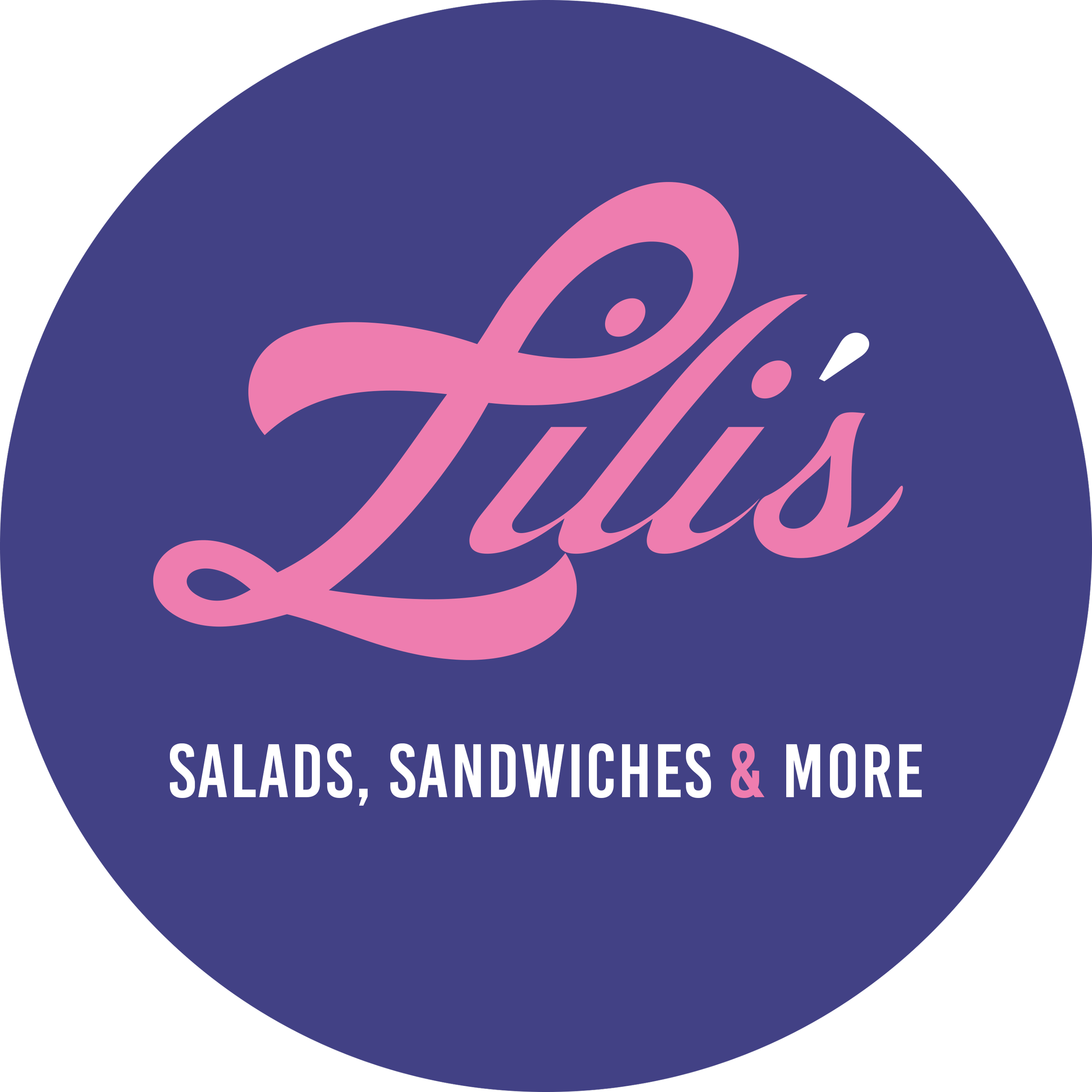 Logo for a restaurant or food business featuring a pink cursive font and a dark blue background, with text that says 'Salads, Sandwiches & More'.