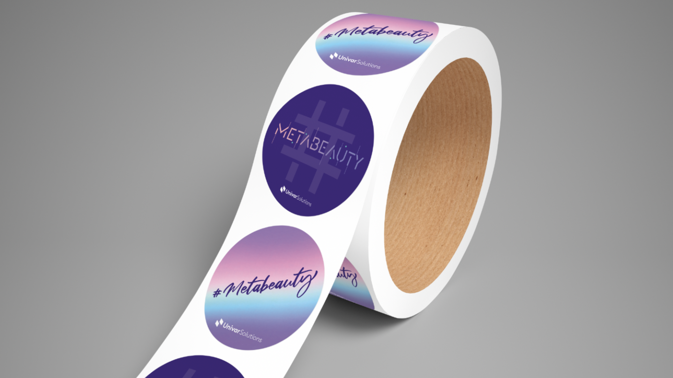 A roll of decorative stickers featuring a purple and blue gradient design with the hashtag '#Metabeauty' and the logo of Univar Solutions.