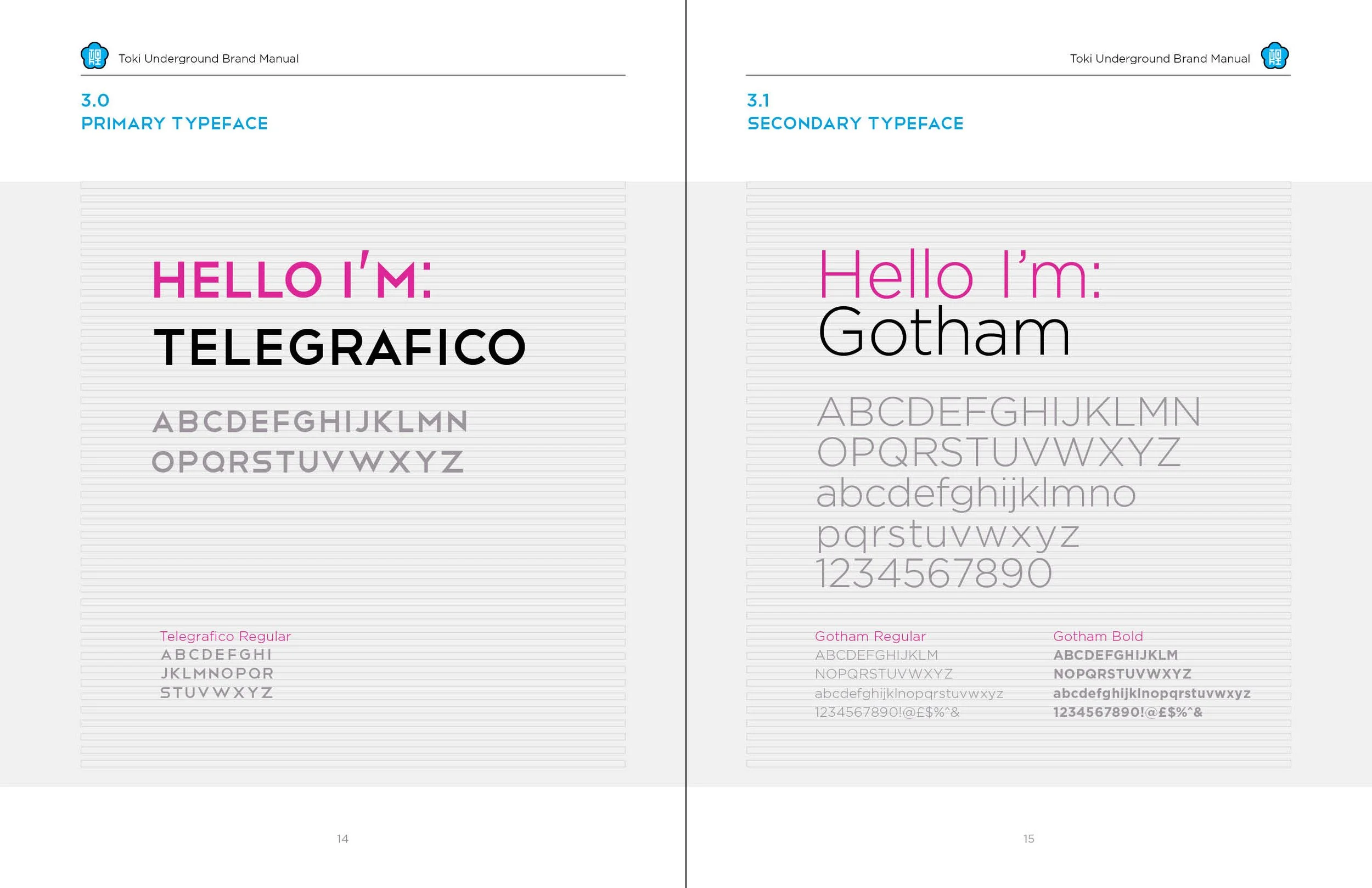 Two pages from a typography manual showing primary and secondary typefaces, Telegrafico Regular and Gotham Regular and Bold, with sample alphabet and numerals in different styles.