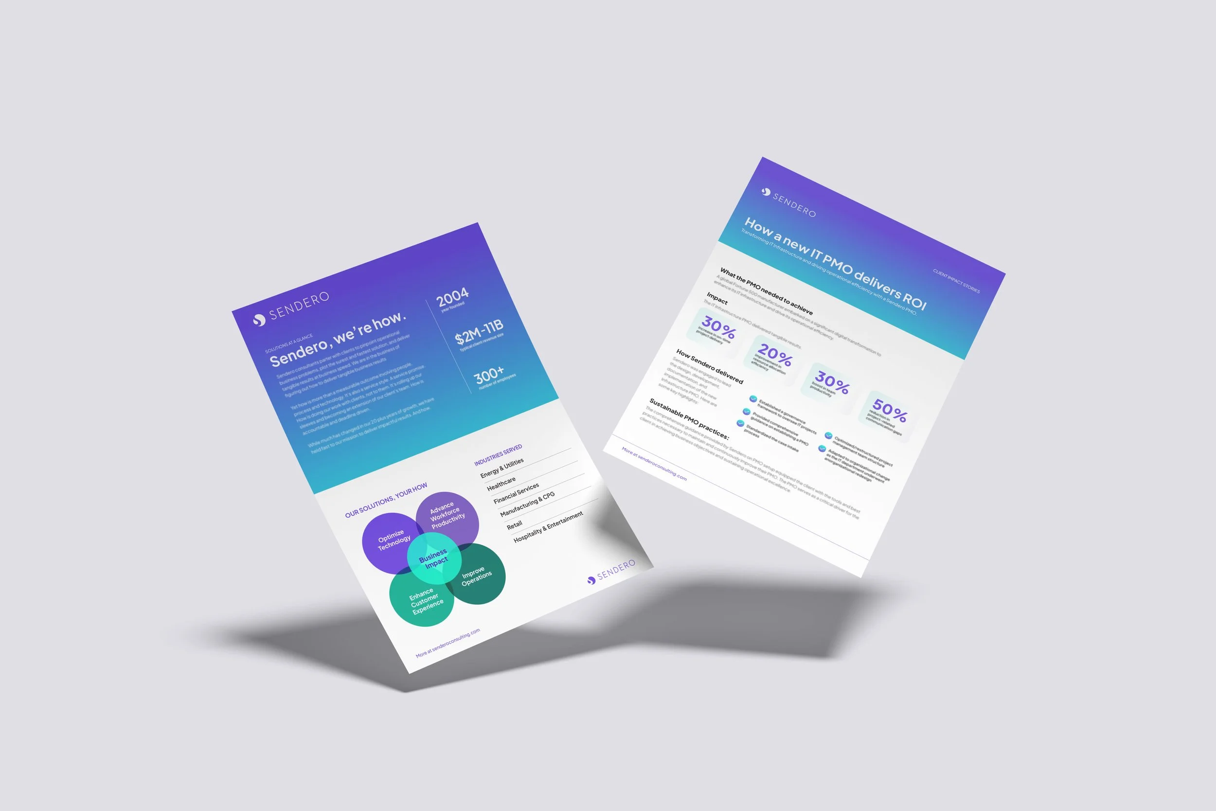 Two digital marketing infographics with shades of purple and blue, showcasing statistics and information about Sendero's IT services and impact.