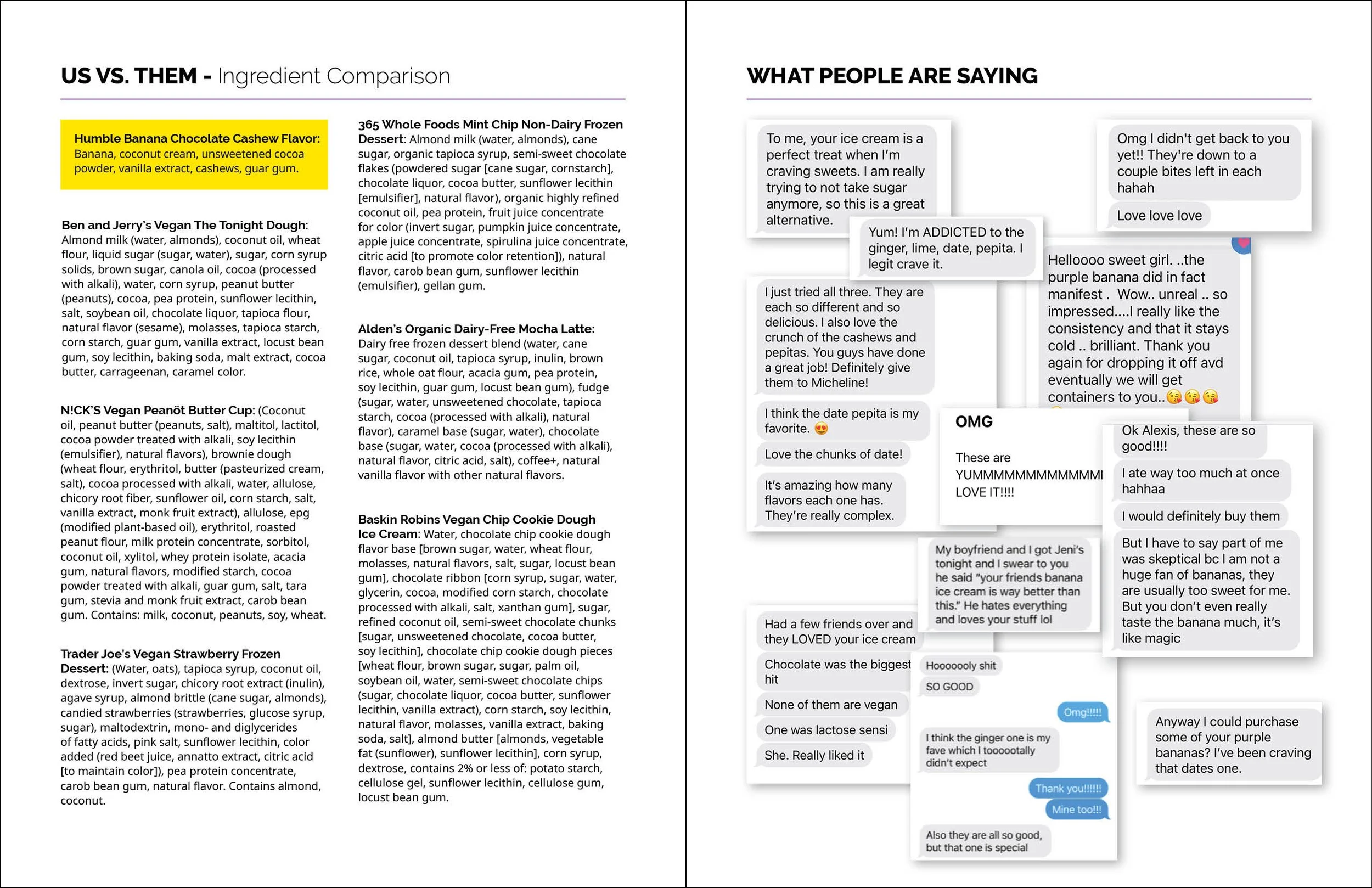 A comparison of vegan ice cream flavors and customer reviews. On the left, a list of ingredients compares various vegan ice cream products. On the right, handwritten customer comments praise the ice cream's taste, texture, and flavors, with some saying they would buy it again.