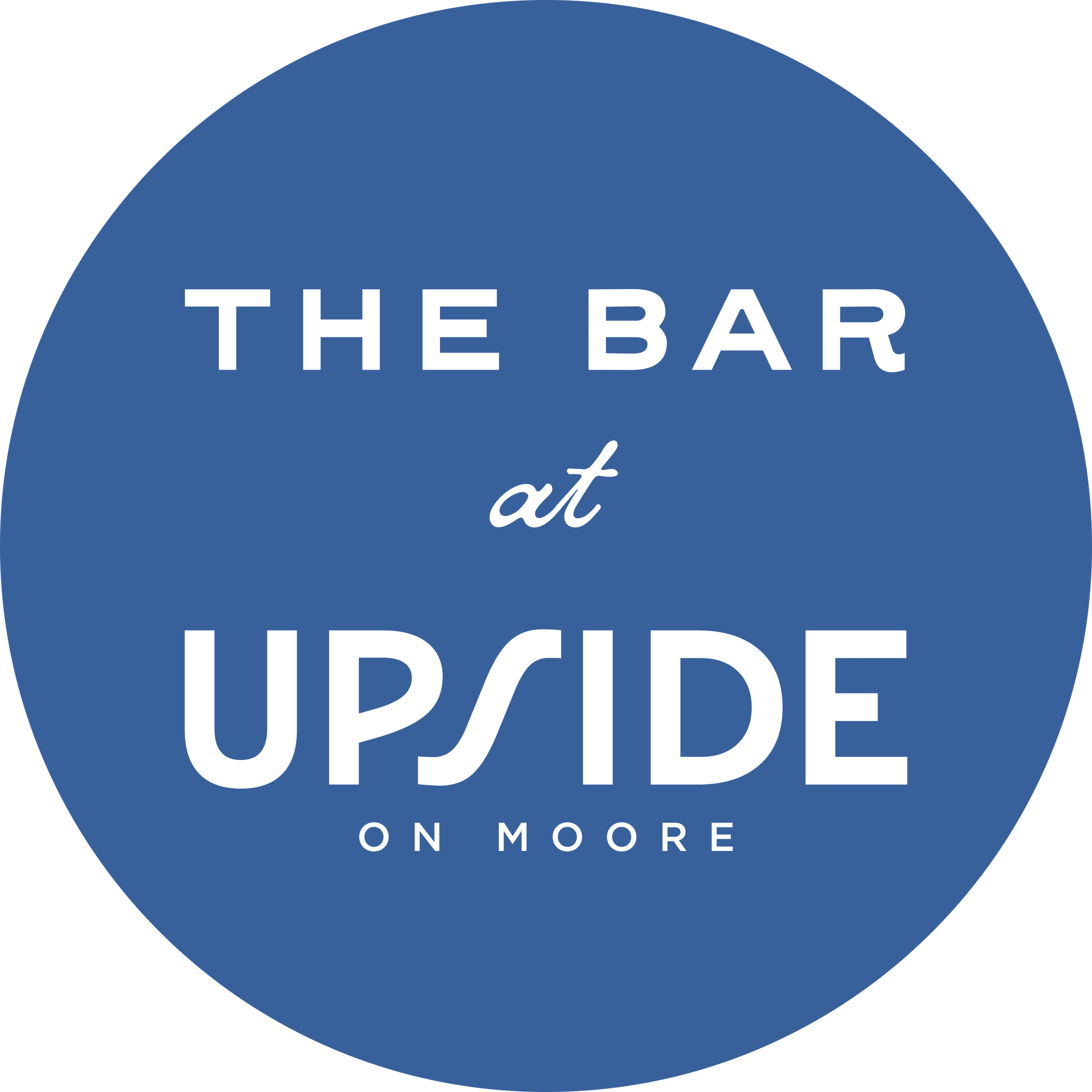 Blue circular logo with white text that says "THE BAR" at the top, "upside" in large font across the middle, and "ON MORE" at the bottom.