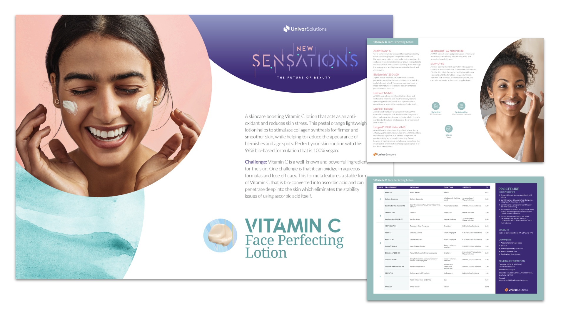 A skincare brochure for Vitamin C face lotion featuring a woman smiling and applying lotion to her face, with product information and ingredients listed on the page.