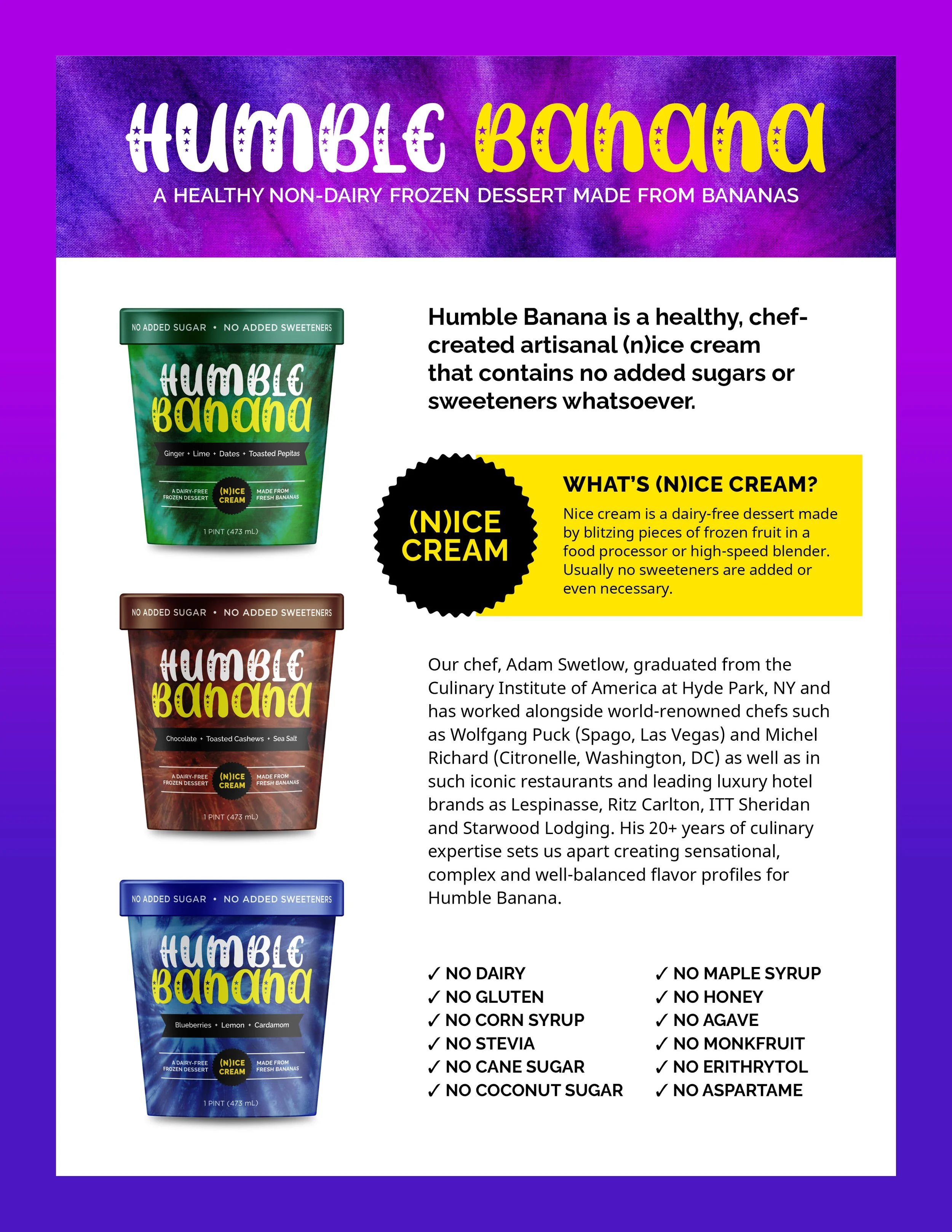 Product images of Humble Banana frozen desserts with descriptions of their ingredients and benefits.