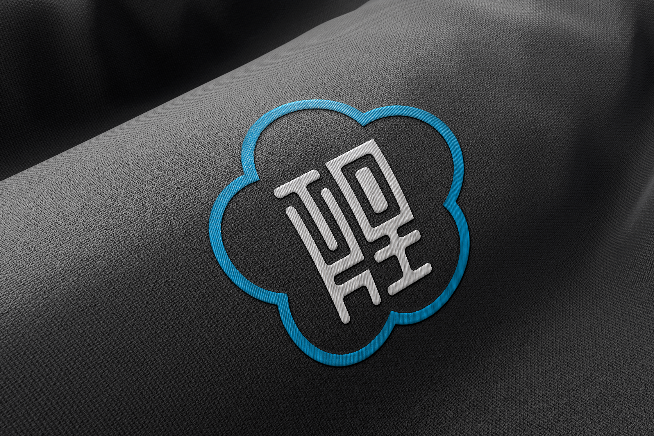 Close-up of a fabric surface with a blue-embossed cloud shape and a silver maze icon inside it.