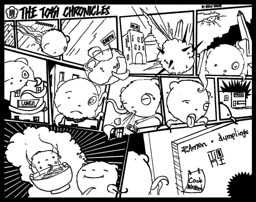 A comic strip titled "The Toy Chronicles" featuring cartoon characters experiencing various everyday activities and emotions, with a focus on a cat-like character trying ramen noodles.