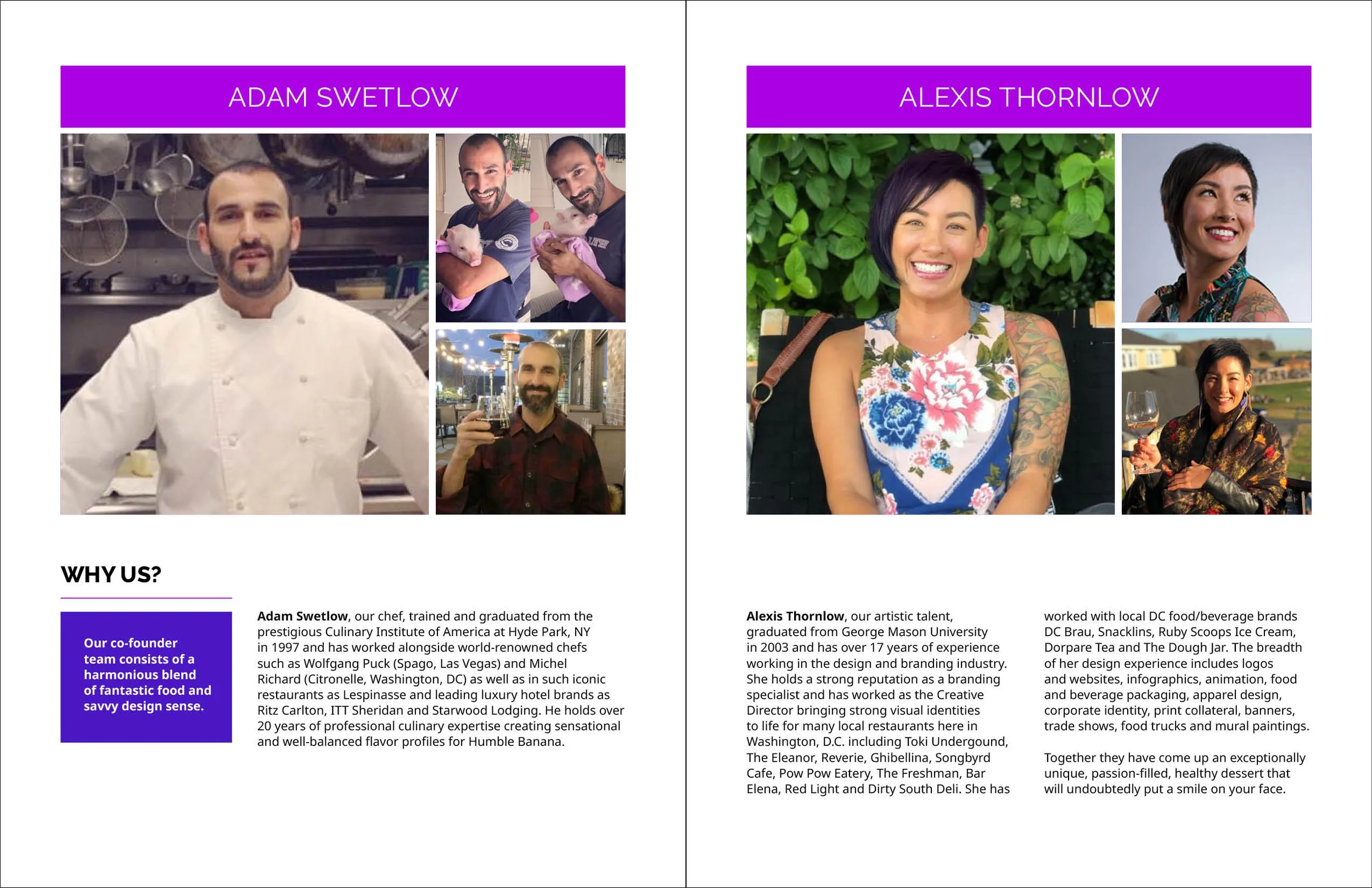 Brochure page featuring two individuals, Adam Swetlow and Alexis Thornlow, with their photos, descriptions, and background information, divided into two columns.