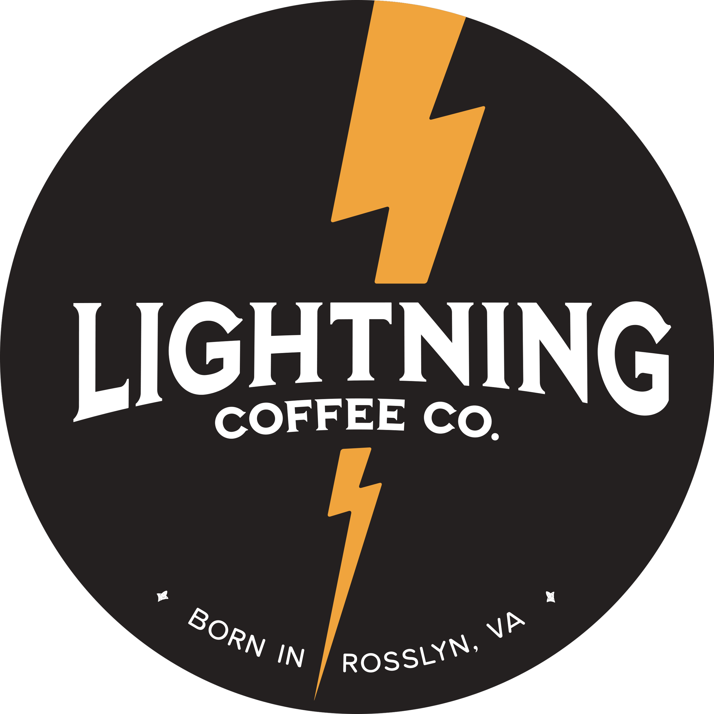A circular logo for Lightning Coffee Co. featuring a yellow lightning bolt and white text on a black background. The text reads "Lightning Coffee Co." and includes the words "Born in Rosslyn, VA".