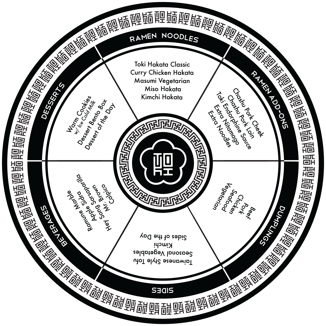A circular black and white menu featuring various sections for ramen, appetizers, sides, desserts, and beverages, with specific dishes and descriptions listed in each section.