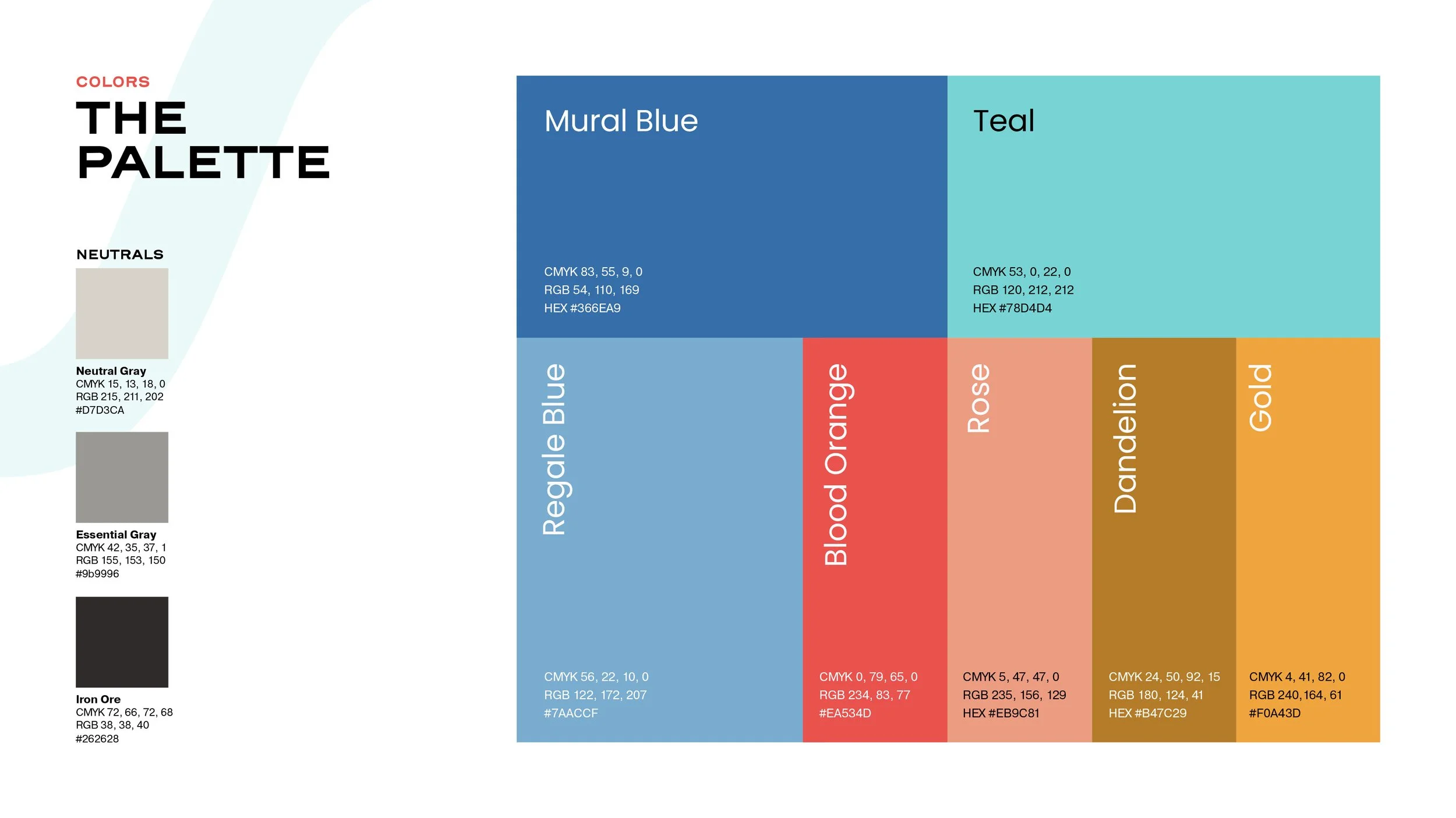 Color palette chart with color names and values, including colors: Blue, Teal, Orange, Rose, Gold, Neutral Gray, Essential Gray, Iron Ore, and Neutral Gray.
