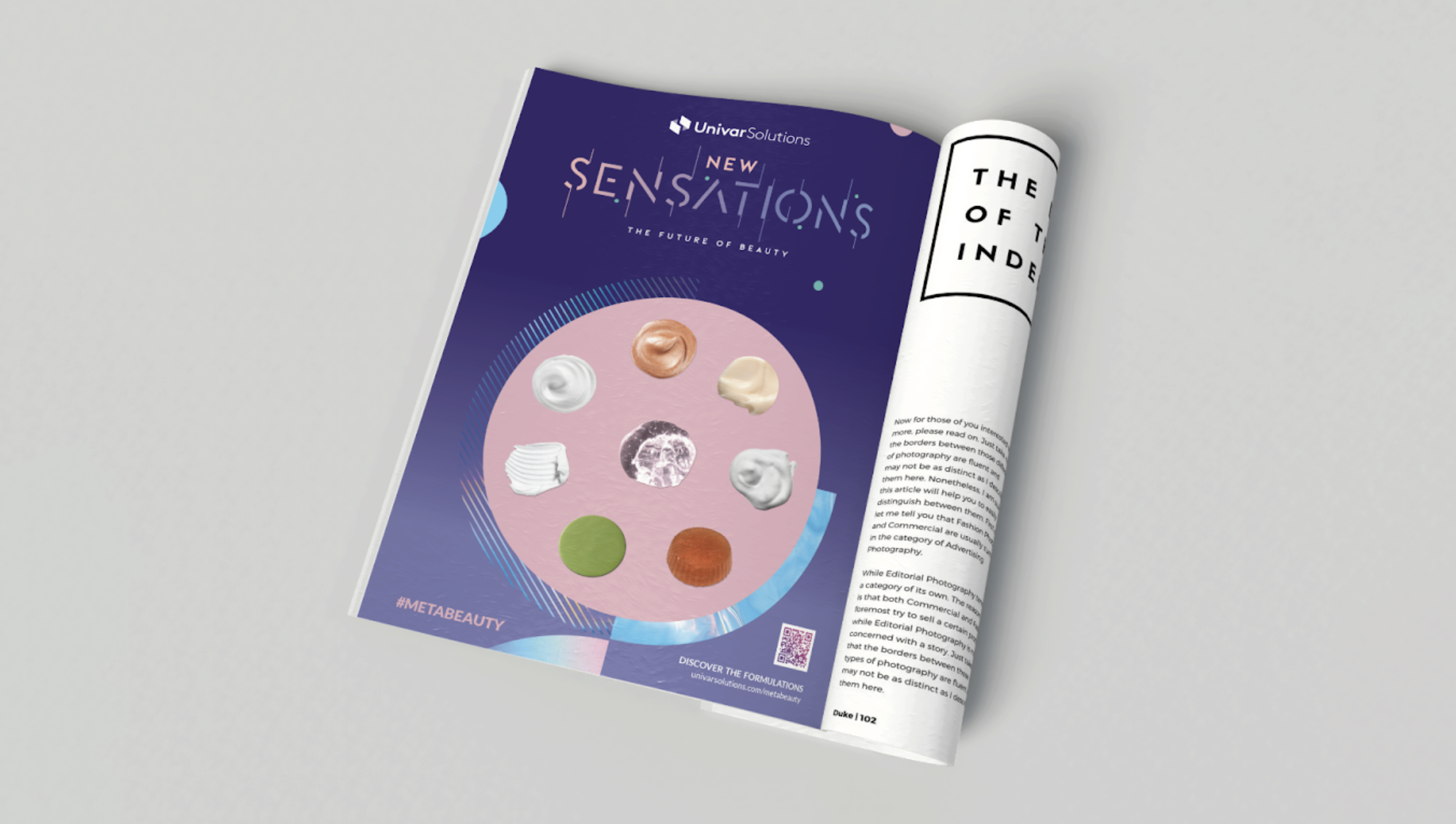Magazine open to a page with a colorful abstract design and text promoting new sensations in beauty technology by Univar Solutions.