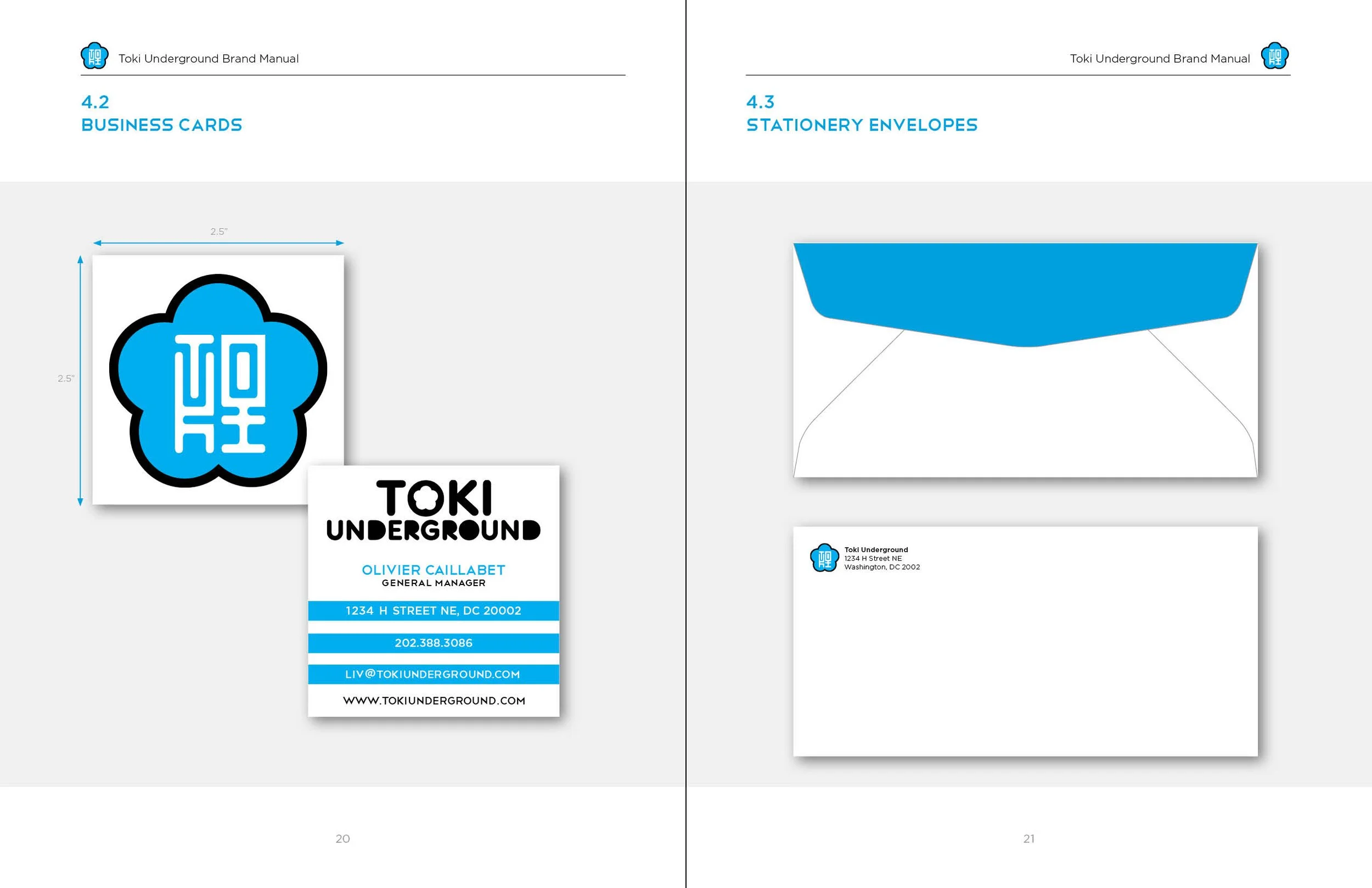 Open pages of the Toki Underground Brand Manual, displaying sections on business cards and stationery envelopes, with example graphics and contact information.