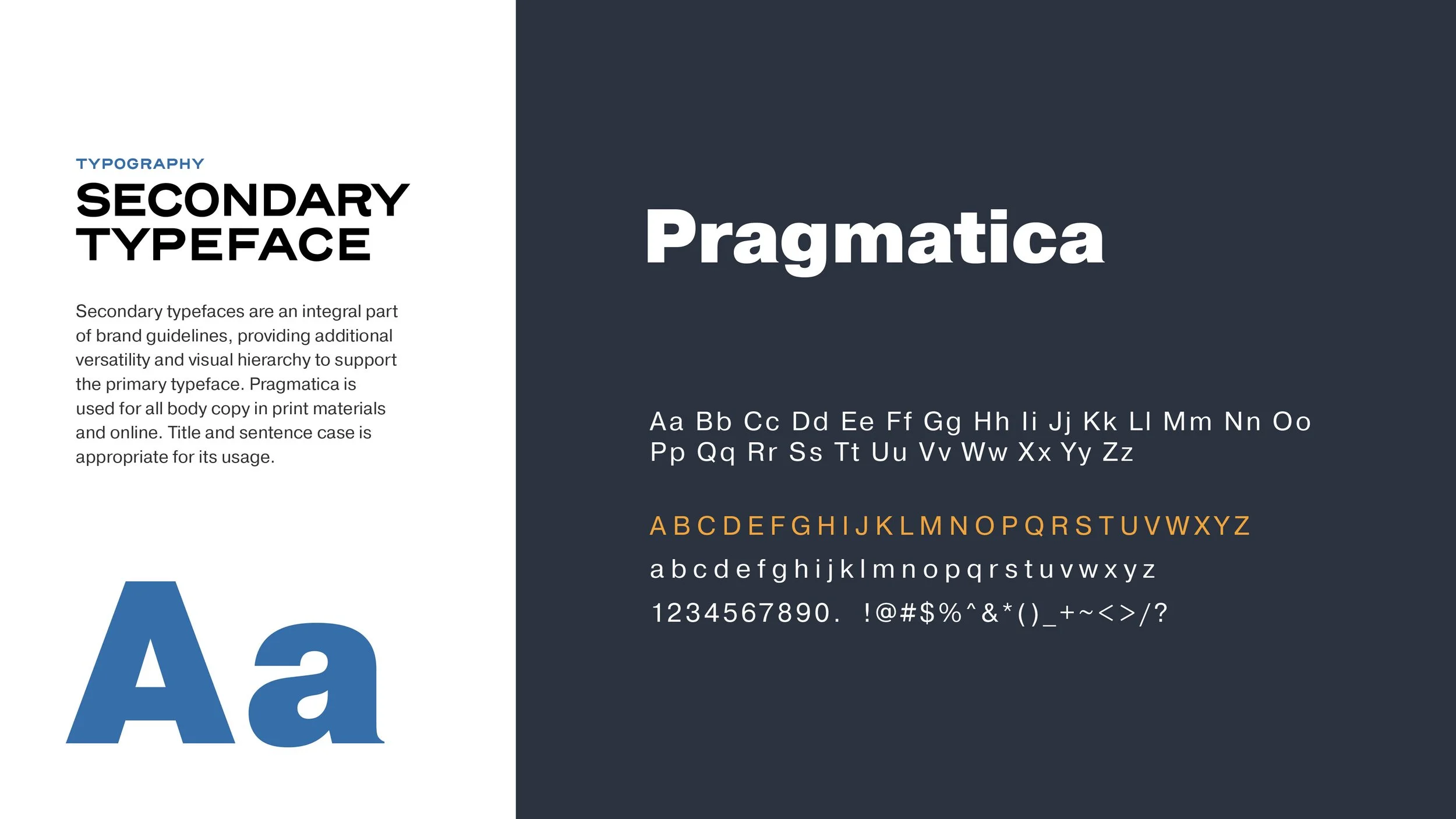 Sample typography guide displaying the secondary typeface 'Pragmatica,' including uppercase and lowercase letters, numbers, and symbols, with descriptive text about secondary typefaces in brand branding.
