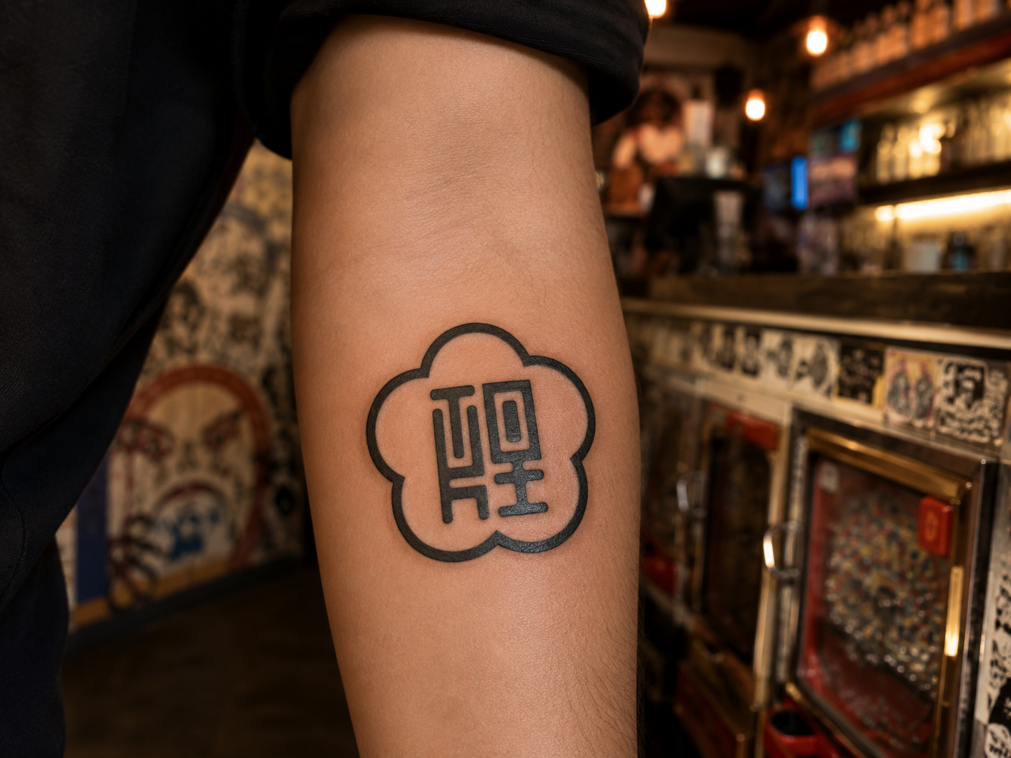 A tattoo on a person's forearm featuring a cloud outline with Asian characters inside. The background appears to be a bar or a room with a variety of decor and pinball machines.