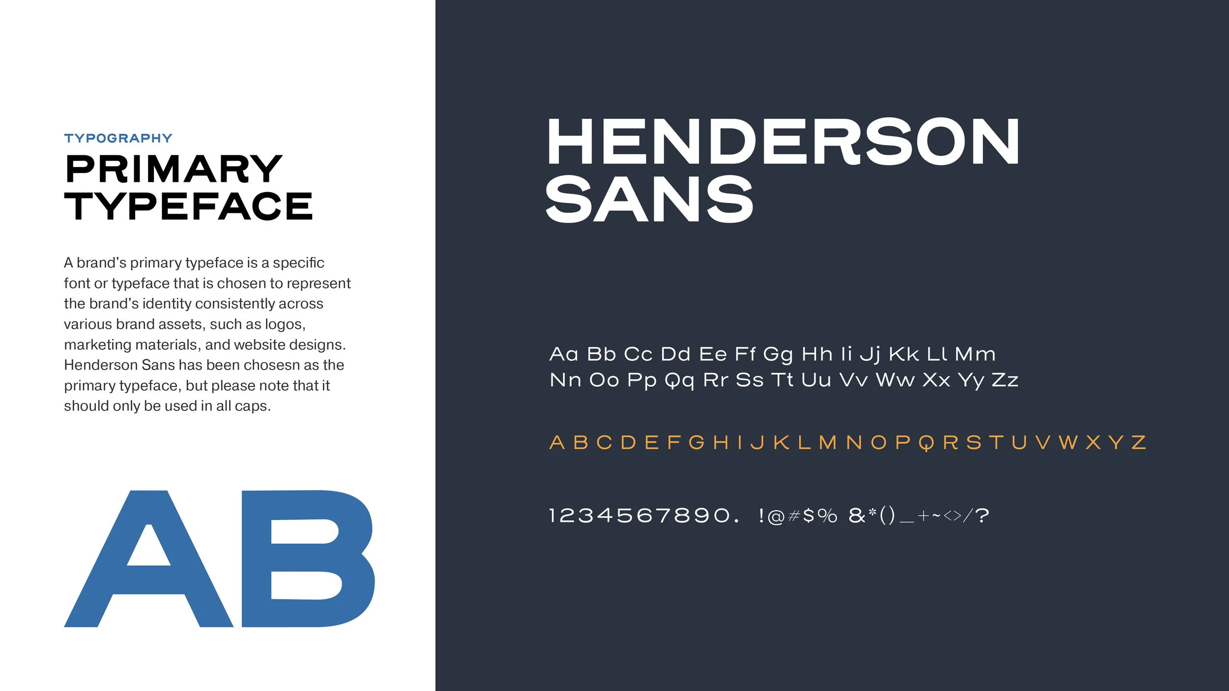 A font style guide showing typography details for Henderson Sans, including uppercase and lowercase alphabet, numbers, and symbols, with explanatory text.
