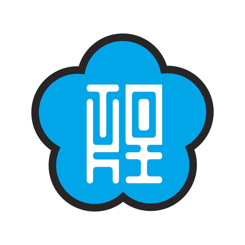 A blue cloud-shaped logo with white stylized symbols or writing inside, outlined in black.