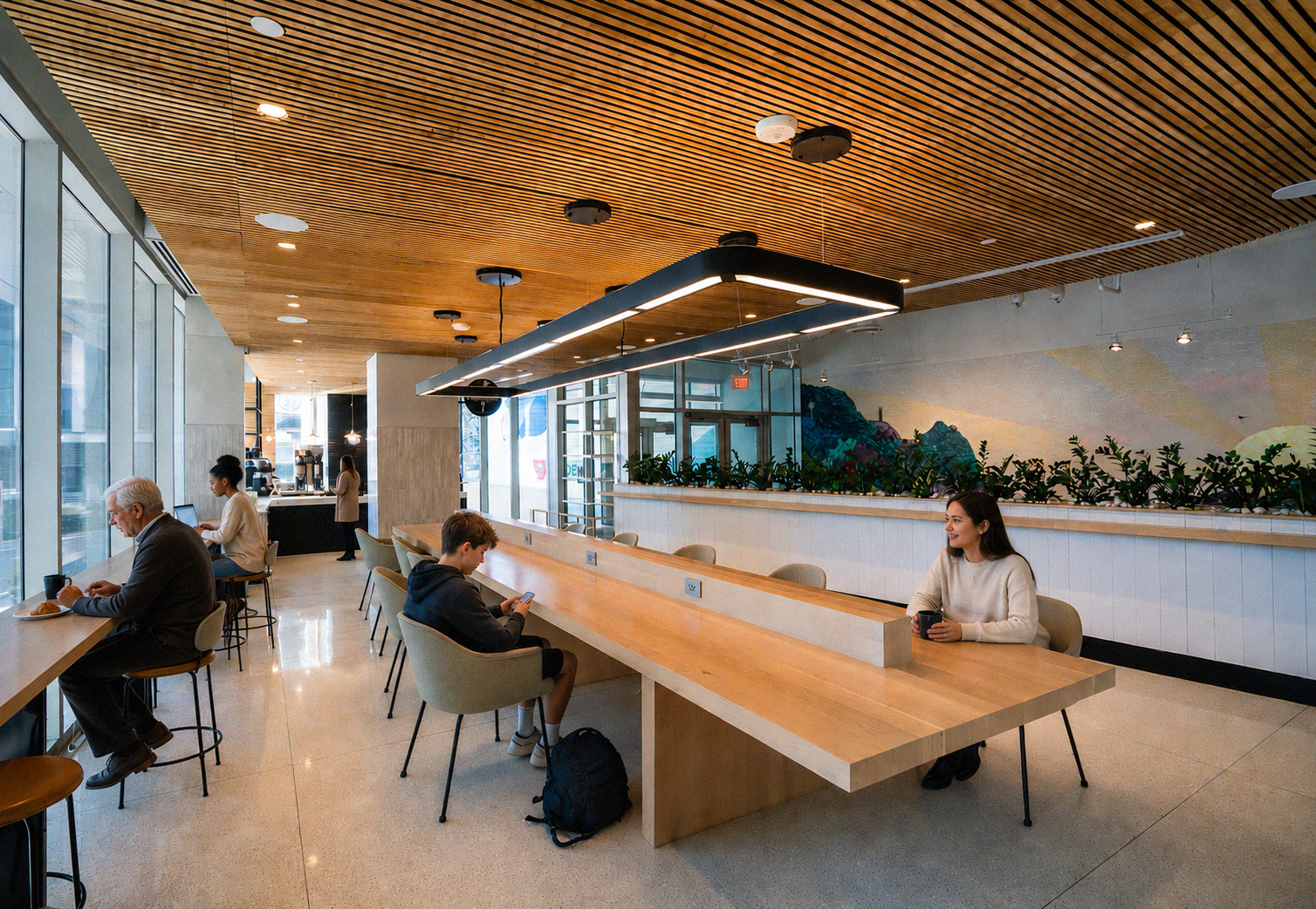 Inside a modern coffee shop with large windows, wooden ceiling, and a mural wall, people are sitting and working or having coffee, including an older man, a young boy, and a young woman. A barista is working at the counter.