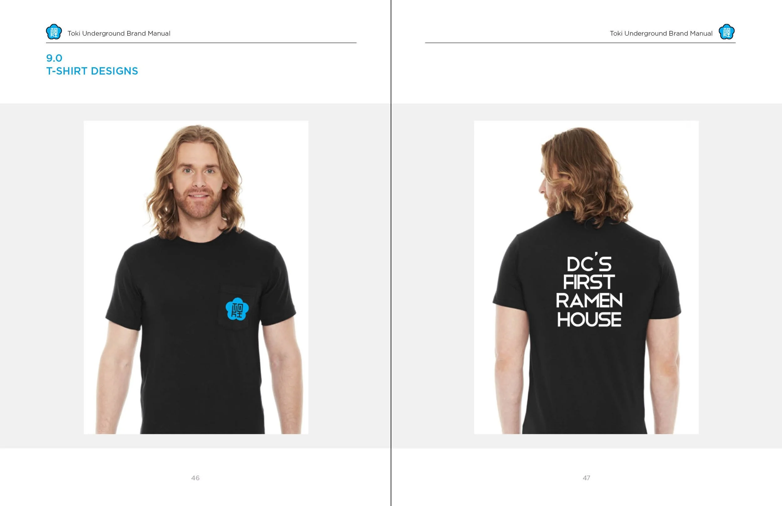Openbook of the Toki Underground Brand Manual showing T-shirt designs, one with a blue logo on the front and the other with white text on the back reading 'DC'S FIRST RAMEN HOUSE'.